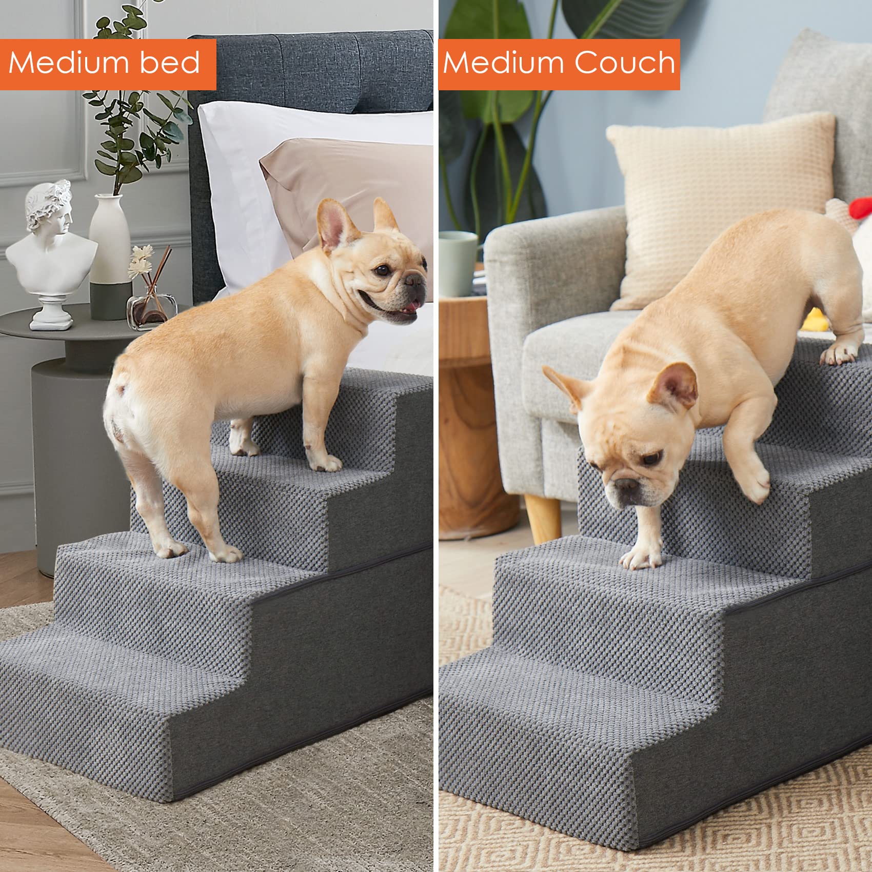 Eheyciga Dog Stairs For Small Dogs, 4-Step Dog Stairs For High Beds And Couch, Folding Pet Steps For Small Dogs And Cats, And High Bed Climbing, Non-Slip Balanced Dog Indoor Step, Grey, 3/4/5 Steps