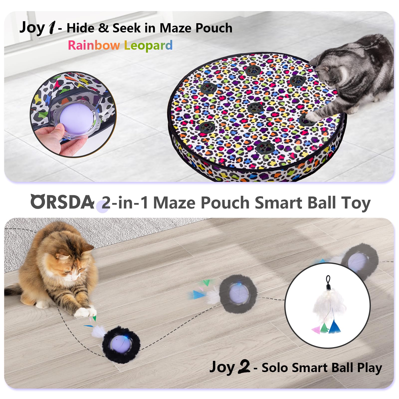 ORSDA Cat Toys, Interactive Activated Moving Ball in 7 Holes Mat, Automatic Fast Rolling Ball, Hide and Seek Toys for Indoor Cat