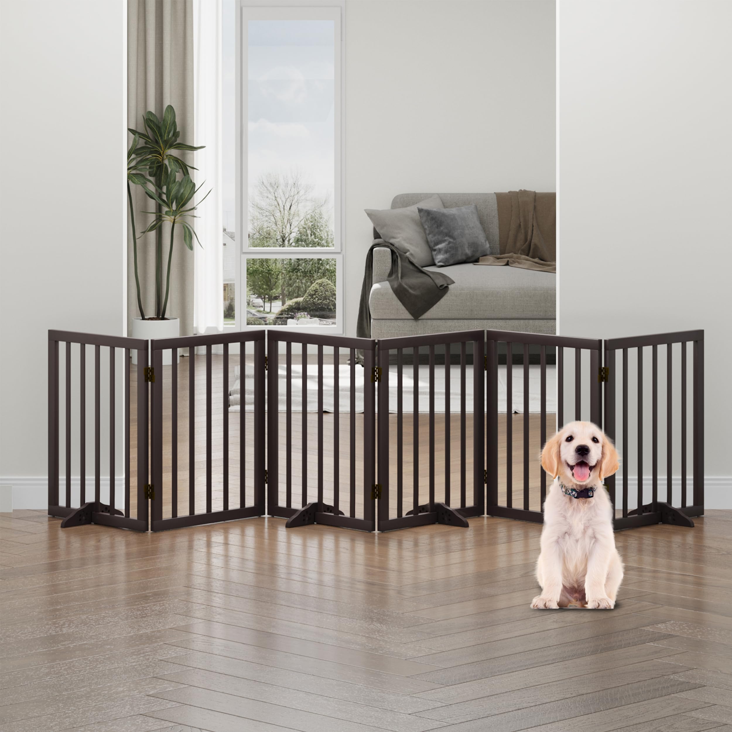 Brown Freestanding Foldable Pet Gate - 6 Panels, Metal Support Feet, Room Divider For Doorways & Bedroom