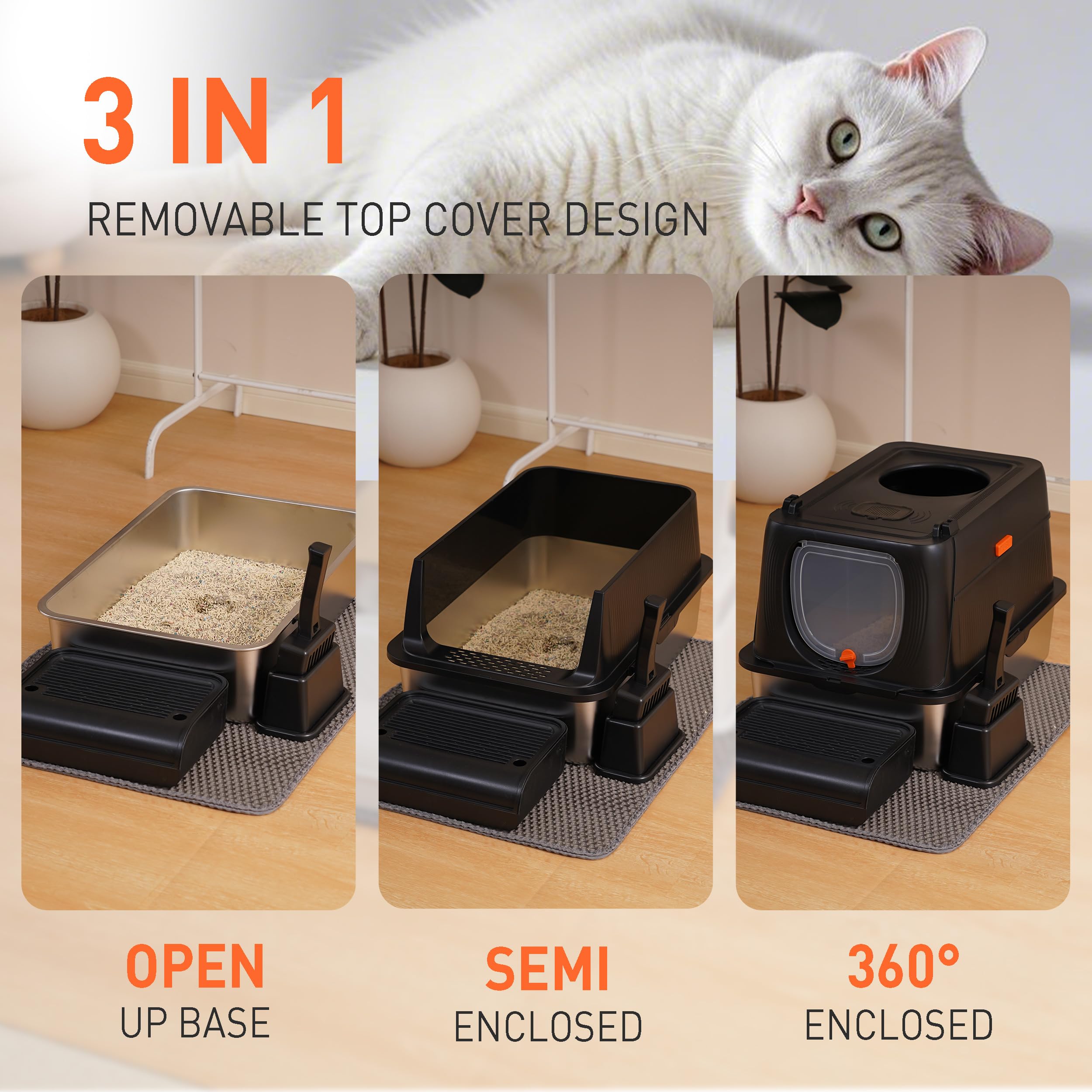 Citylife Stainless Steel Cat Litter Box with Lid, Front & Top Entry Extra Large Metal Kitty Litter Box Enclosure with Scoop & Do