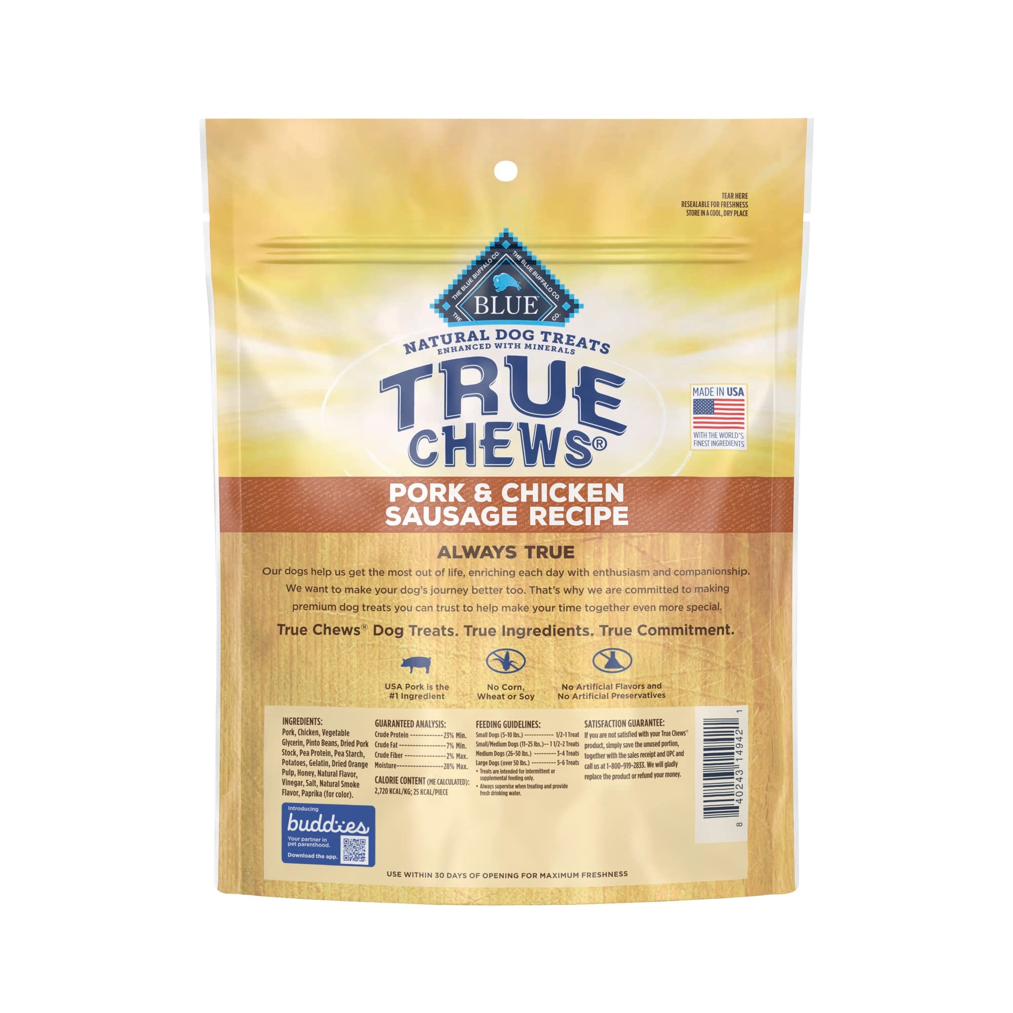 Blue Buffalo True Chews Dog Treats, Made in the USA with Natural Ingredients, Pork and Chicken Sausage Recipe, 14-oz Bag