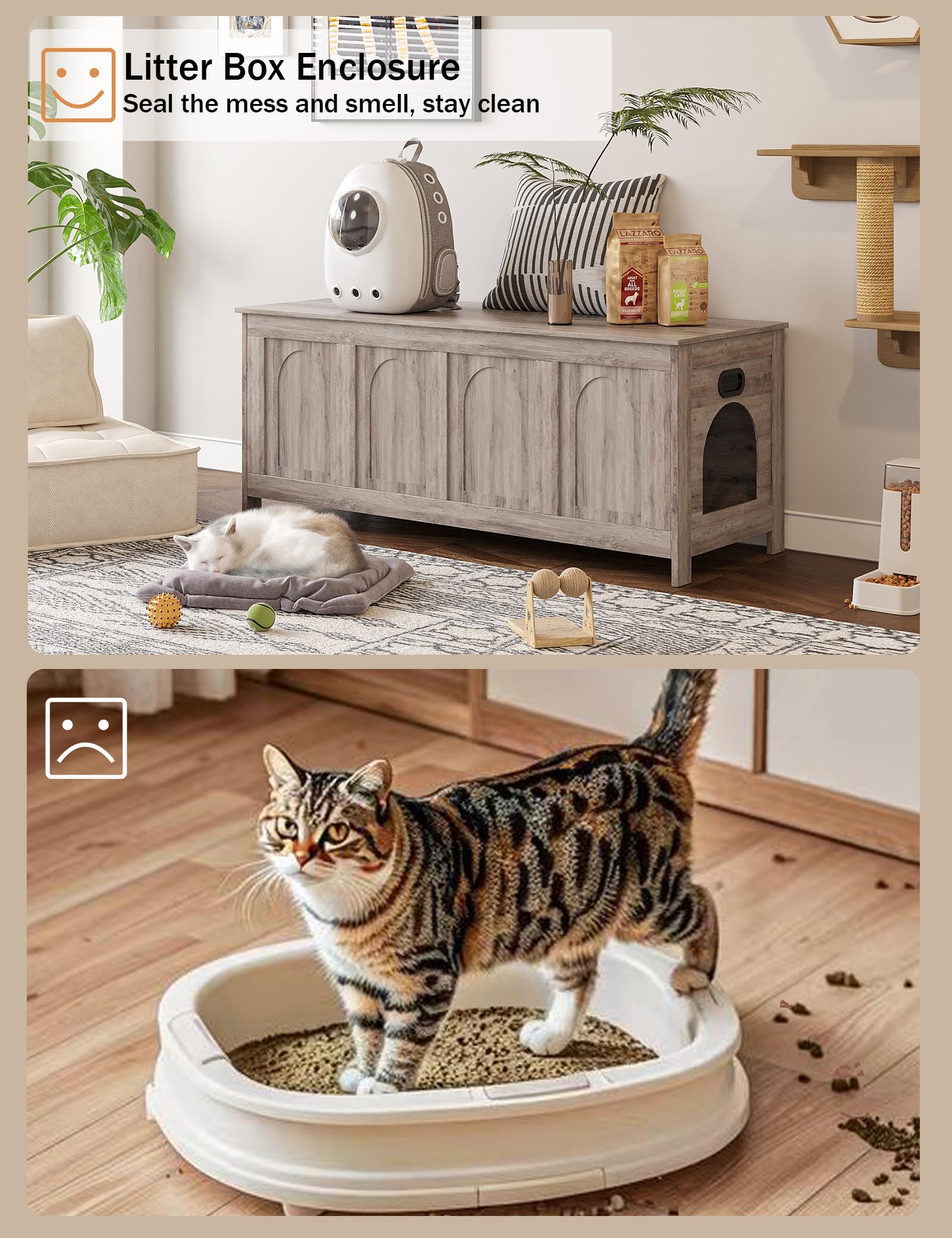 Dinzi Lvj Cat Litter Box Enclosure, Flip Top Litter Box Furniture, Hidden Cat Washroom, 2-Entrances Wooden Pet House, 47.2'' L X