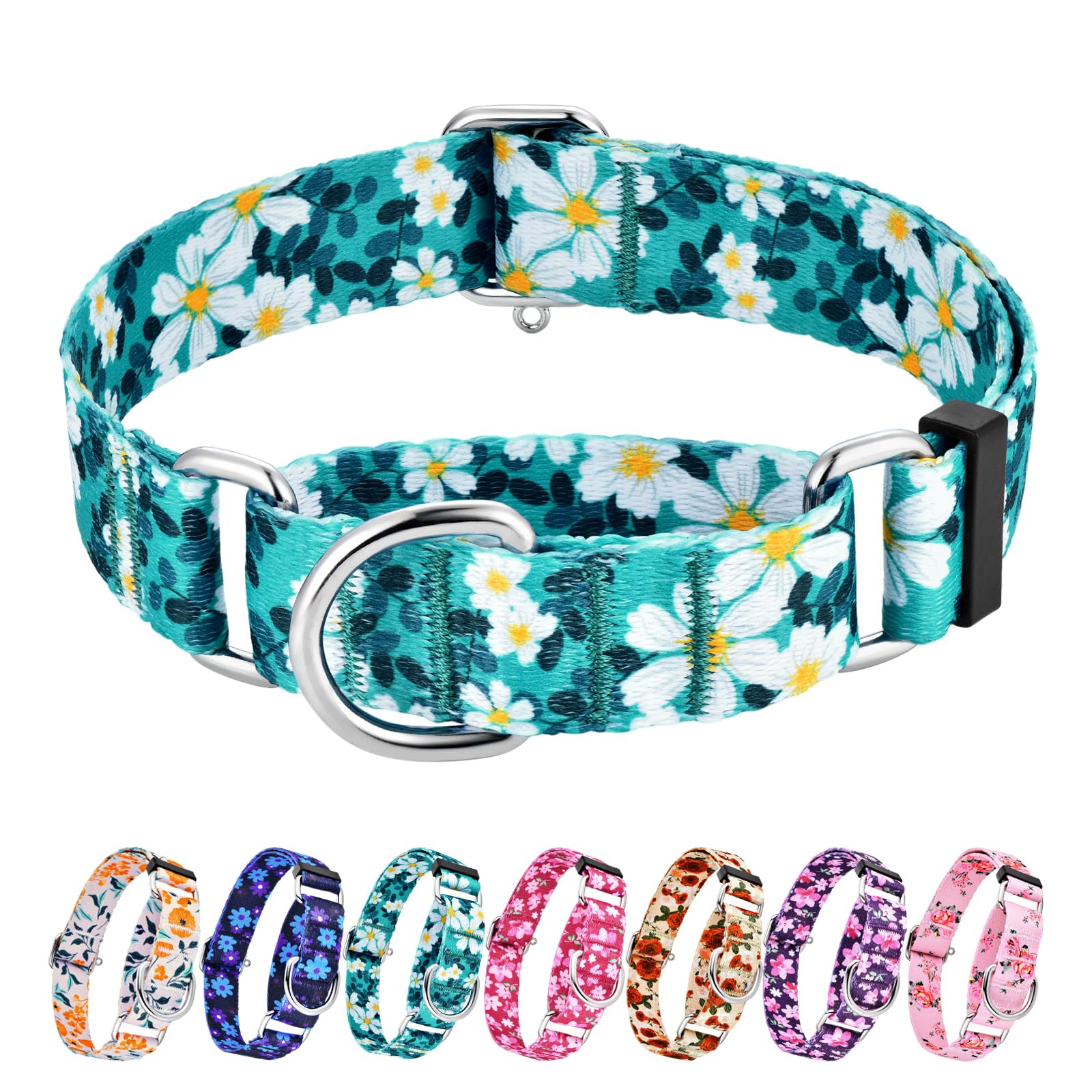 Hikiko Martingale Collar For Dogs With No Buckle Floral Daisy Dog Collars Soft Nylon No Pull Dog Collar For Large Dogs,Green Flo