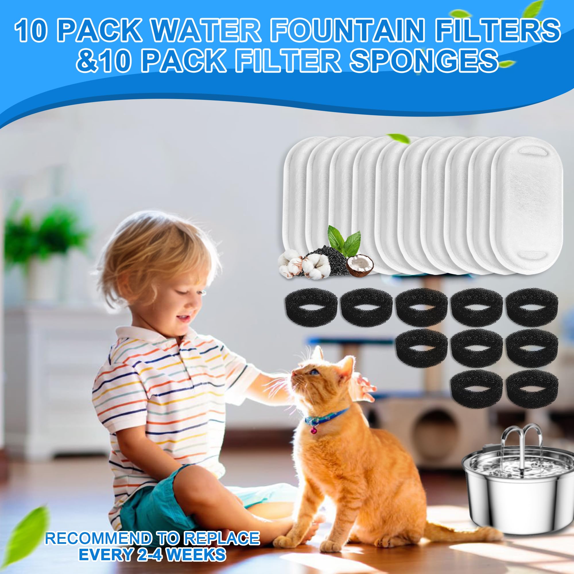 Cat Water Fountain Filters, 20Pack Cat Fountain Replacement Filters For Stainless Steel 108Oz/3.2L& 67Oz/2L Adjustable Water Flo