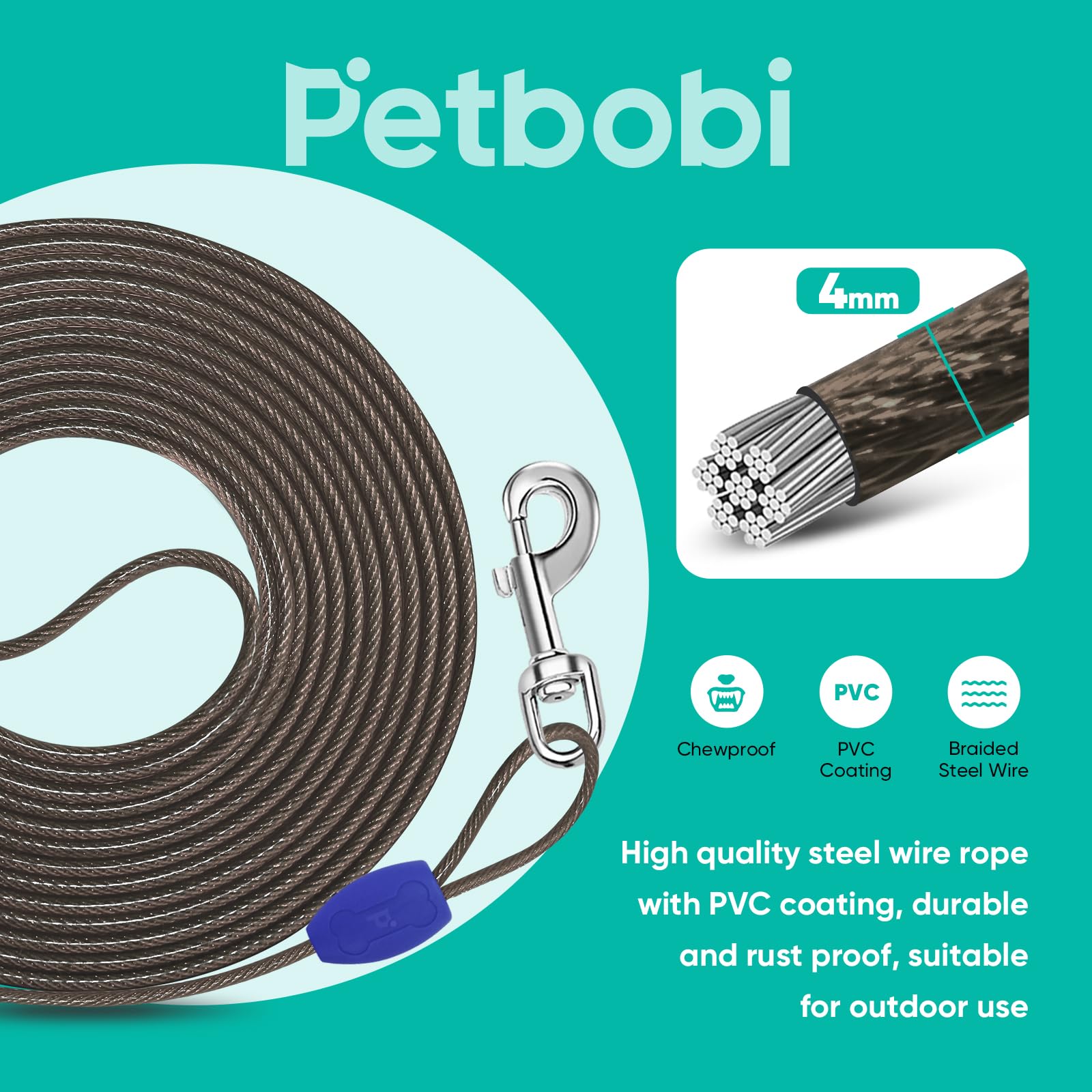 Petbobi Dog Tie-Out Cable 25Ft - Outdoor Leash 4Mm Metal Cable With Shock Absorbing Spring 360 Swivel Clips, Chain For Dogs Yard