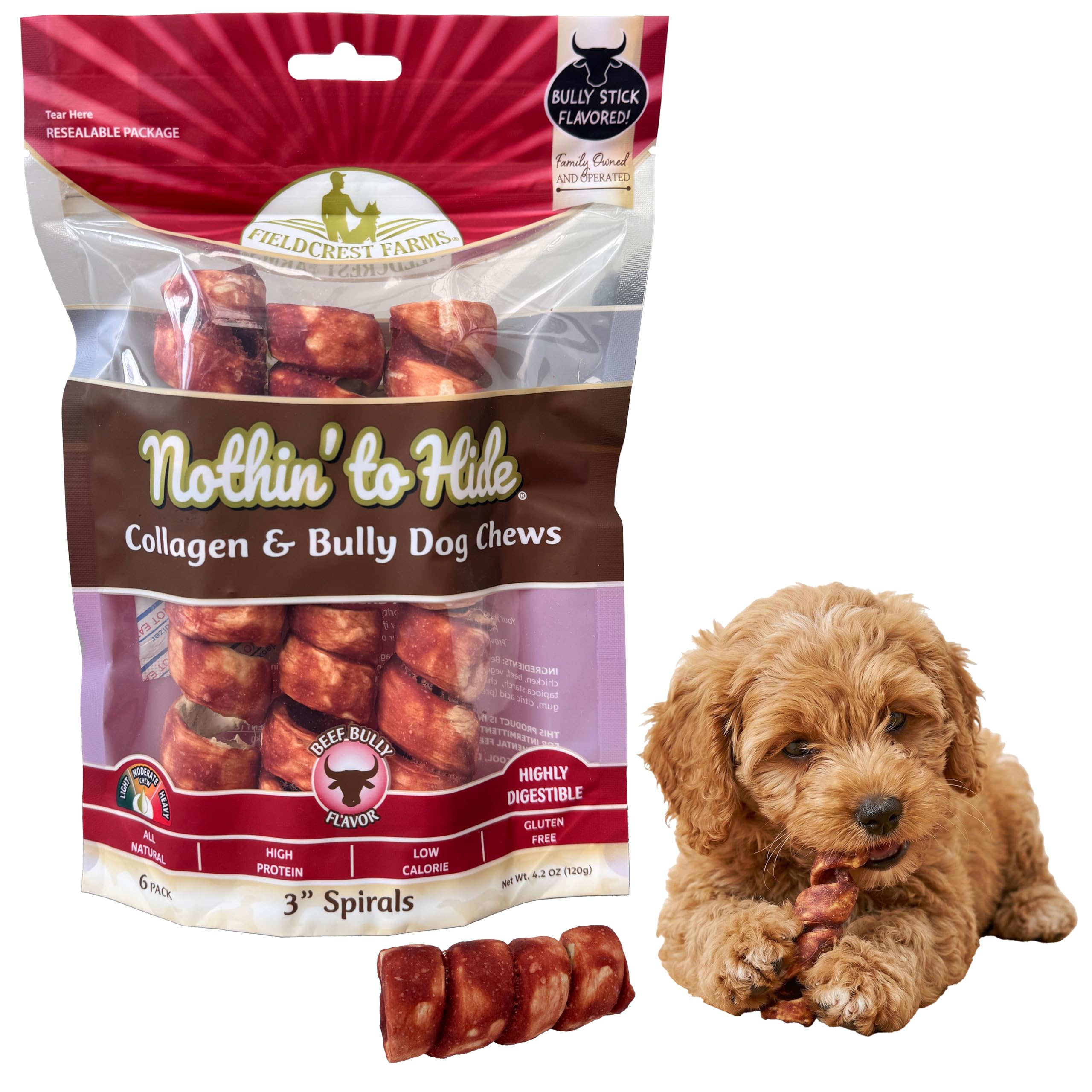 Fieldcrest Farms Nothin to Hide Collagen Spiral Dog Treats, 3-Inch, 6-Pack - 96% Digestible Rawhide-Free Bully Flavor Chews, Hig