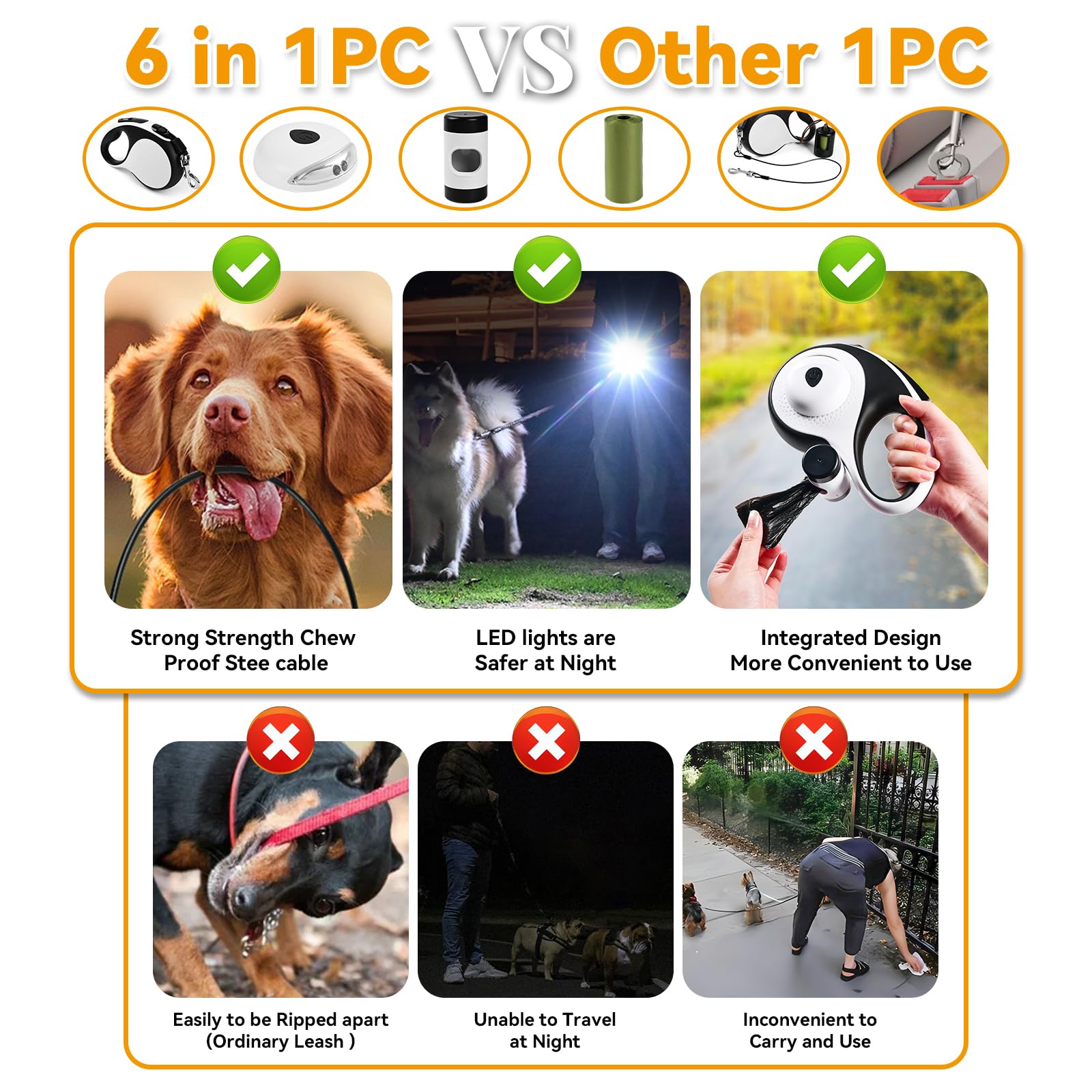ODRIEW Retractable Dog Leash for Large Dogs, 16ft, Heavy Duty, Chew Proof, LED Light, White, Model MAS-5W