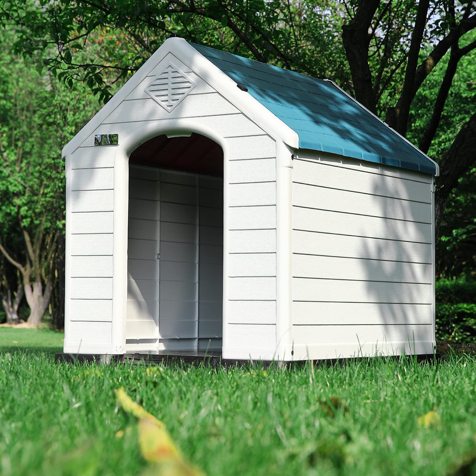 OFIKA Insulated Plastic Dog House for Small to Large Dogs - Durable, Waterproof, Elevated Floor, Ventilated, Easy Clean - Red/Blue/Gray