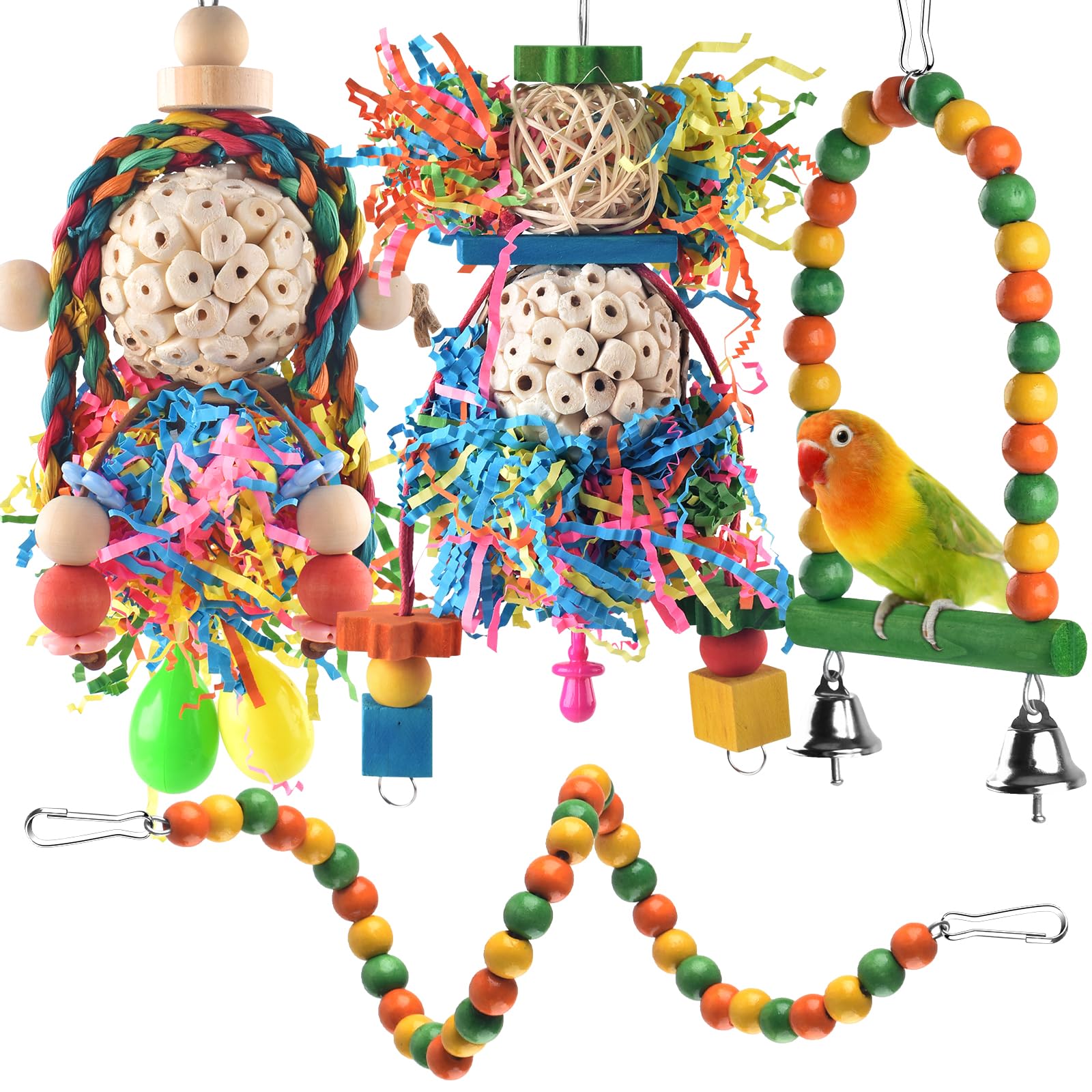 Bissap Conure Toys, 4 Pcs Parrot Foraging Shredder Hanging Toys Sola Balls With Sand Hammer Perch Swing Climbing For Small Parro