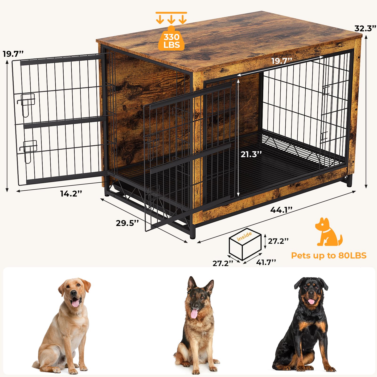 TLSUNNY Dog Crate Furniture, 44.1 Wooden Dog Kennel Indoor with 2 Doors, Heavy-Duty Dog Cage with Removable Tray, End Side Table