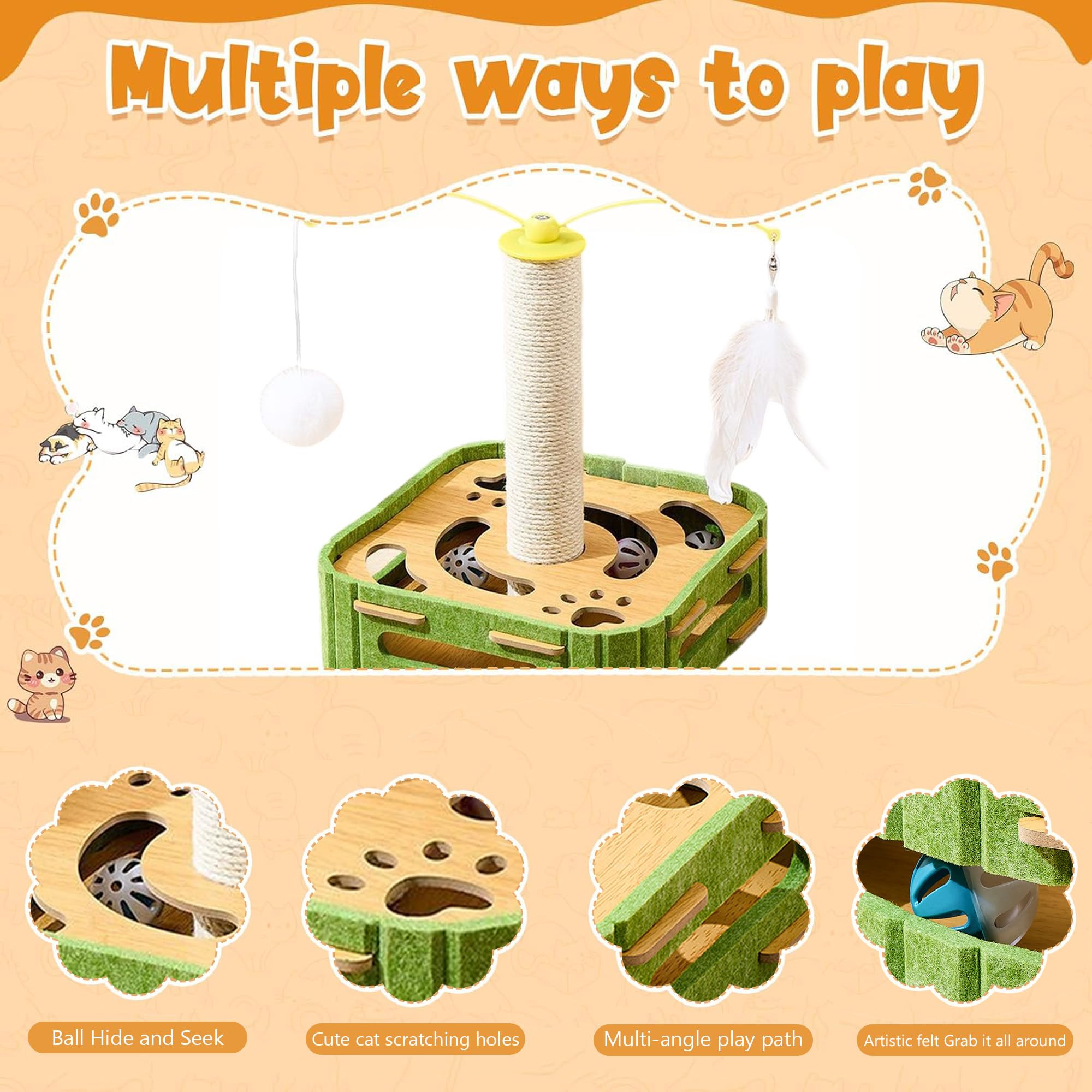 Superpaws Cat Puzzle Toys Interactive Dancer Teasing Box With Squeaky Toys And Scratching Felt,Kitten Track Ball Toy For Indoor