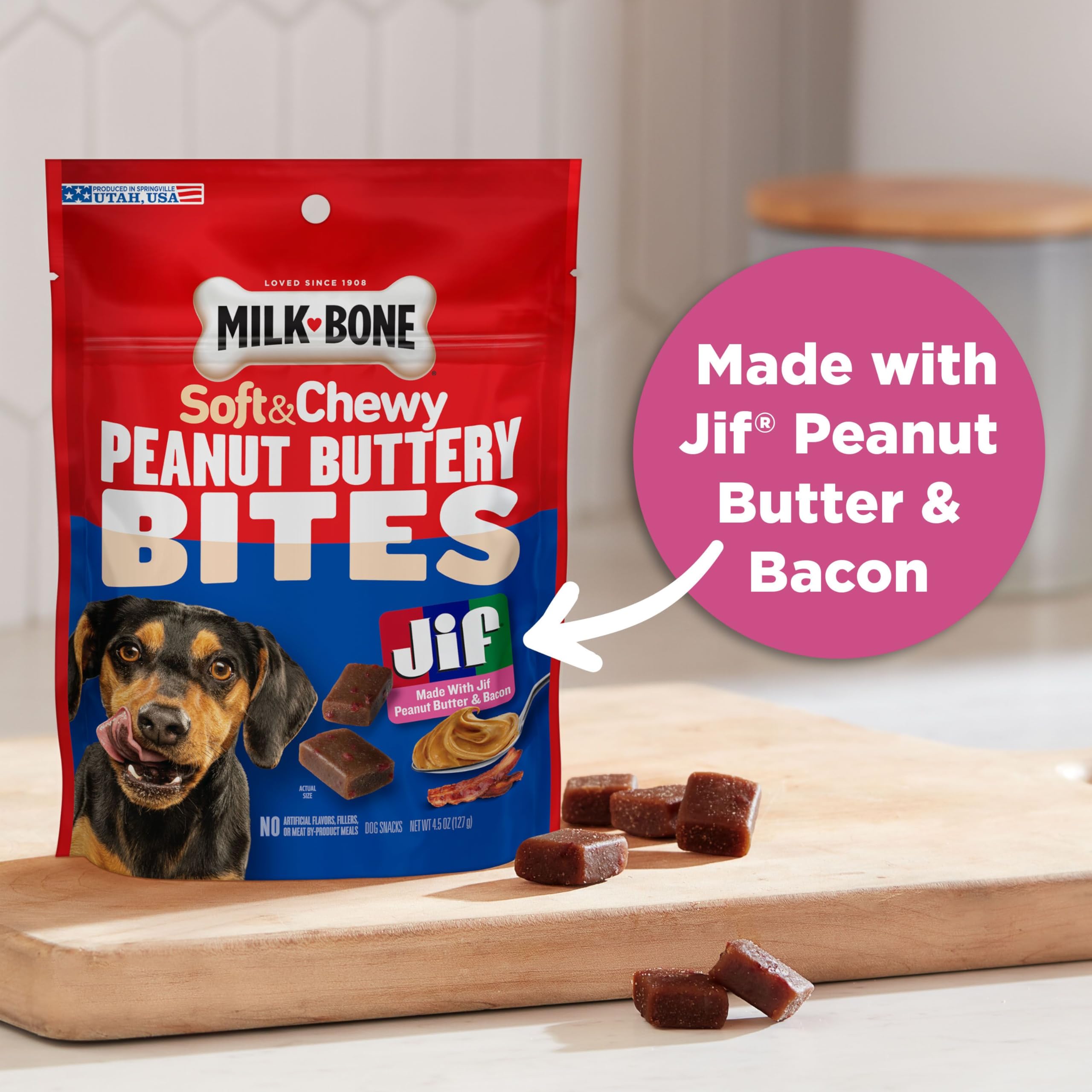 Milk-Bone Peanut Buttery Bites Soft Dog Treats with Real Peanut Butter & Bacon, 4.5-Oz. Bag