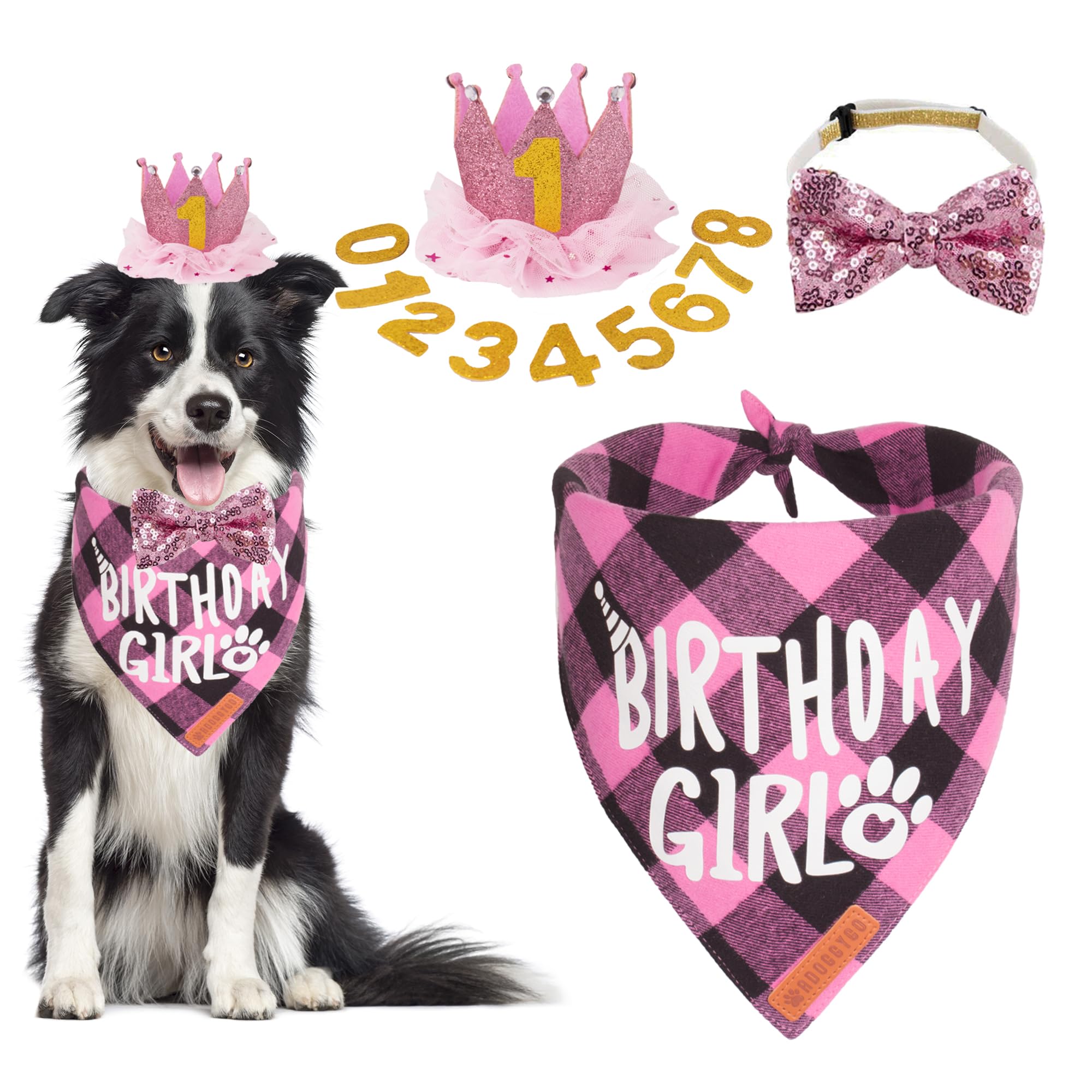 Adoggygo Dog Birthday Party Supplies, Multi Size Offered, Birthday Girl Dog Bandana, Pink Party Hat Crown With Numbers For Mediu