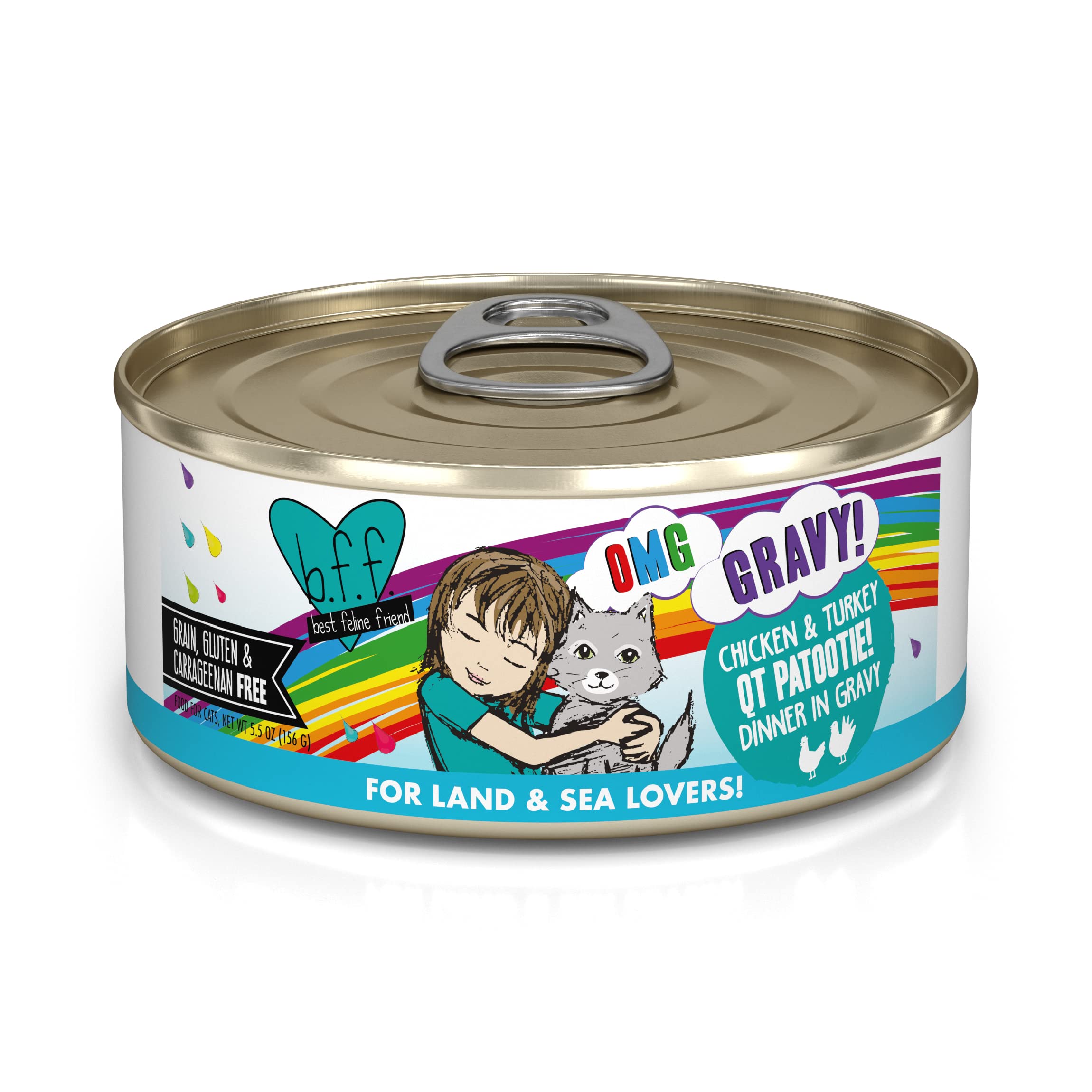 Weruva B.F.F. OMG - Best Feline Friend Oh My Gravy!, QT Patootie! with Chicken & Turkey in Gravy Cat Food, 5.5oz Can (Pack of 8)