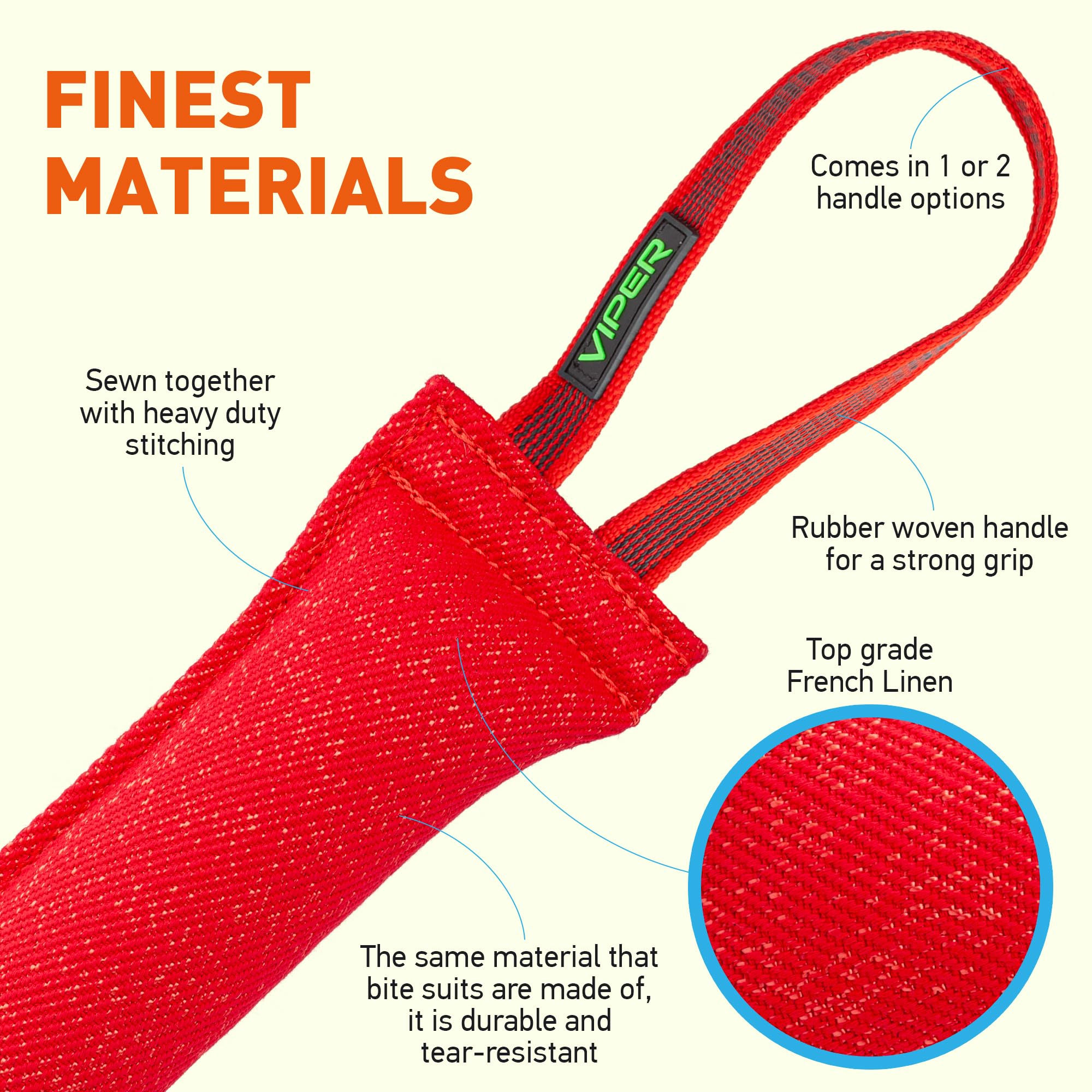 Viper Heavy Duty French Linen Dog Bite Tug Toy - K9 Trainer, Tough and Durable for Dogs Shutzhund IPO K-9 - Red - 12in L x 1.5 W
