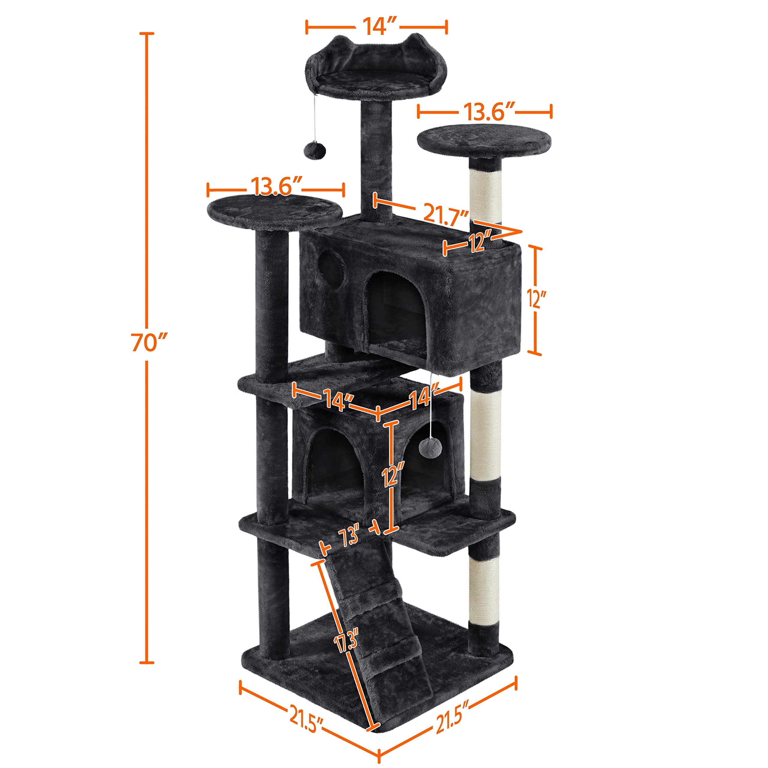 Topeakmart 70In Cat Tree, Multi-Level Cat Tower With Scratching Post Dangling Ball And Condos Cat Furniture For Indoor Cats, Bla