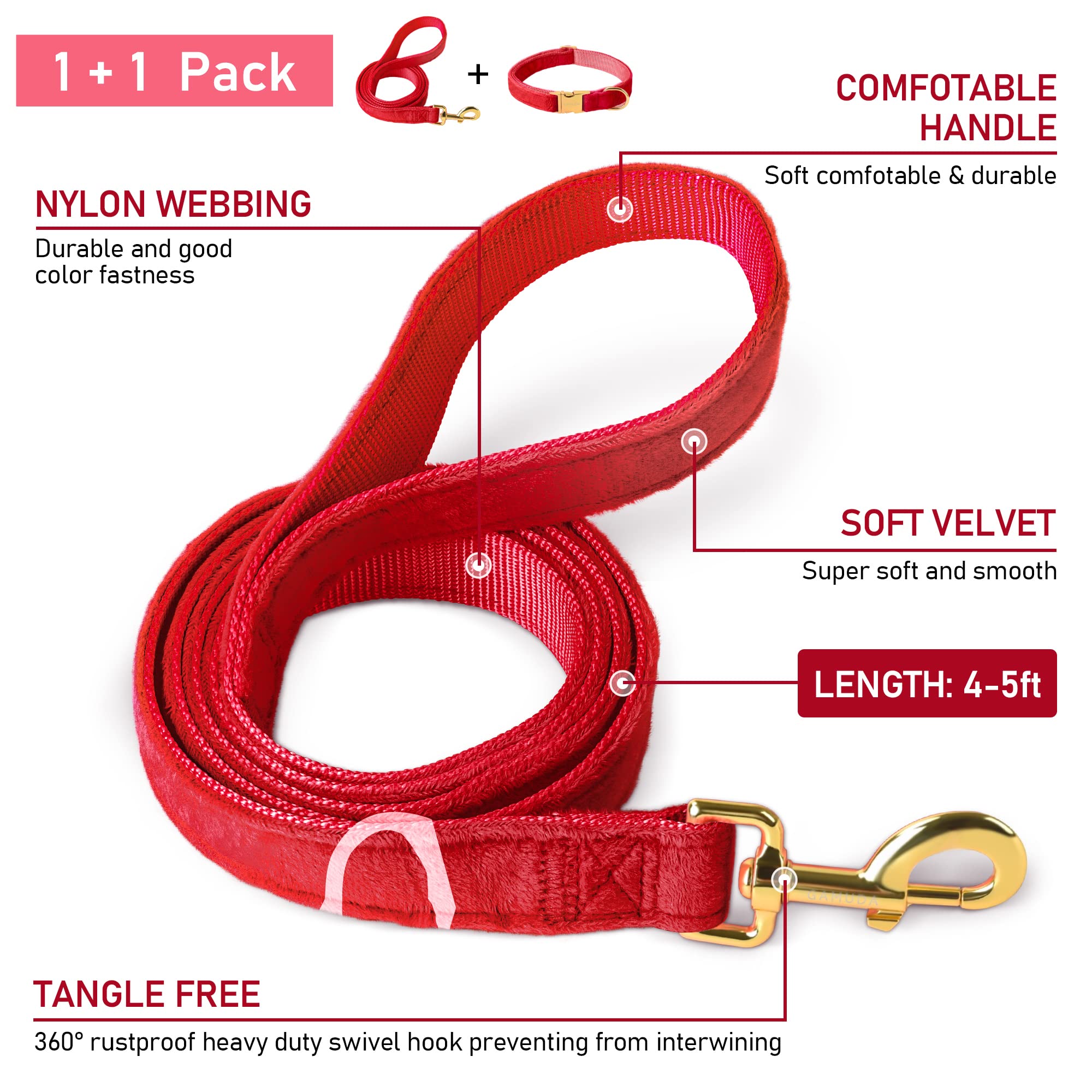 Gamuda Velvet Dog Collar And Leash, Super Soft And Smooth, Heavy Duty Gold Buckle, Comfortable And Easy To Clean, Adjustable Collar For Dog (Xl, Red)
