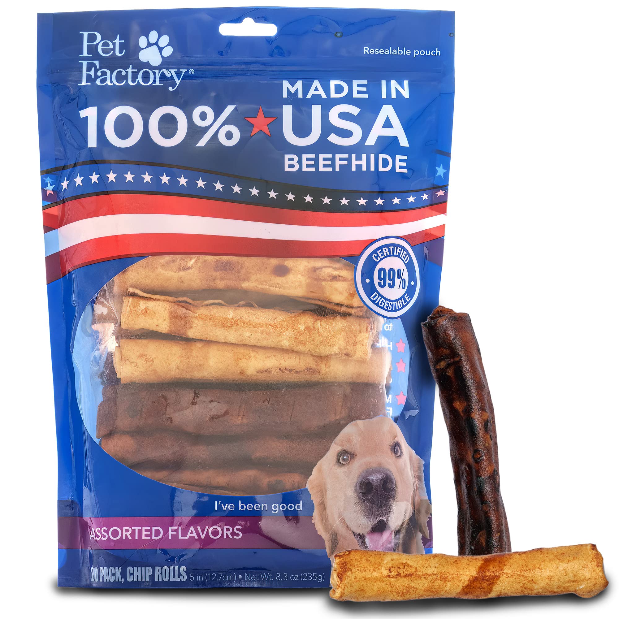 Pet Factory 100% Made in USA Beefhide 5 Chip Rolls Dog Chew Treats - Beef & Chicken Flavor, 20 Count/1 Pack