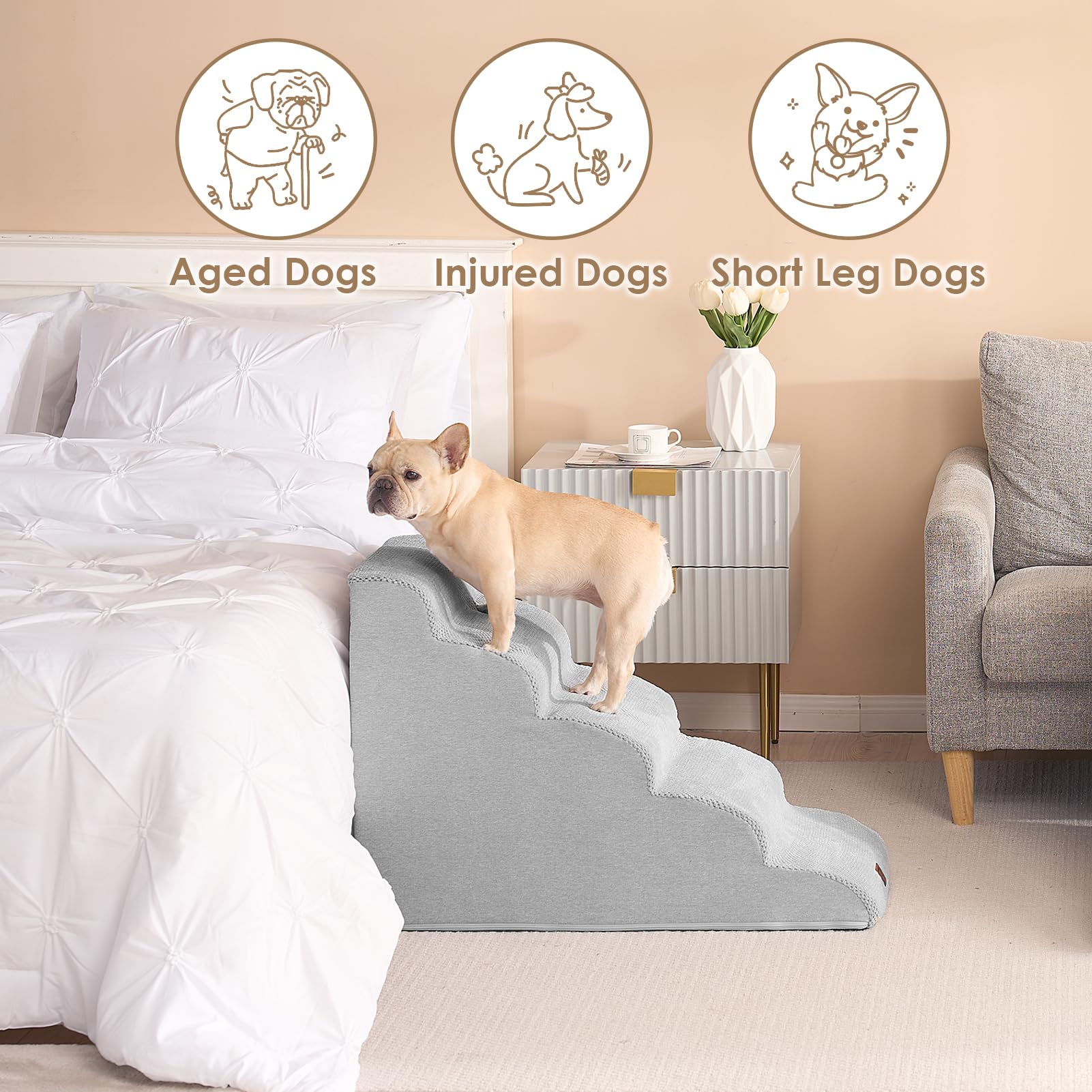 Eheyciga Curved Dog Stairs Ramp For High Beds 22.6' H, 5-Step Dog Steps For Small Dogs And Cats, Pet Stairs For High Bed Climbing, Non-Slip Balanced Pet Step Indoor, Light Grey