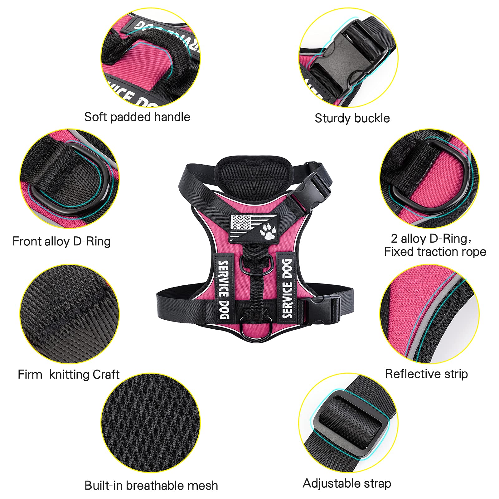 Demigreat Service Dog Harness, Reflective Dog Vest Harness with 5 PCS Patches, Adjustable Soft Oxford Pet Harness, Inner Layer M