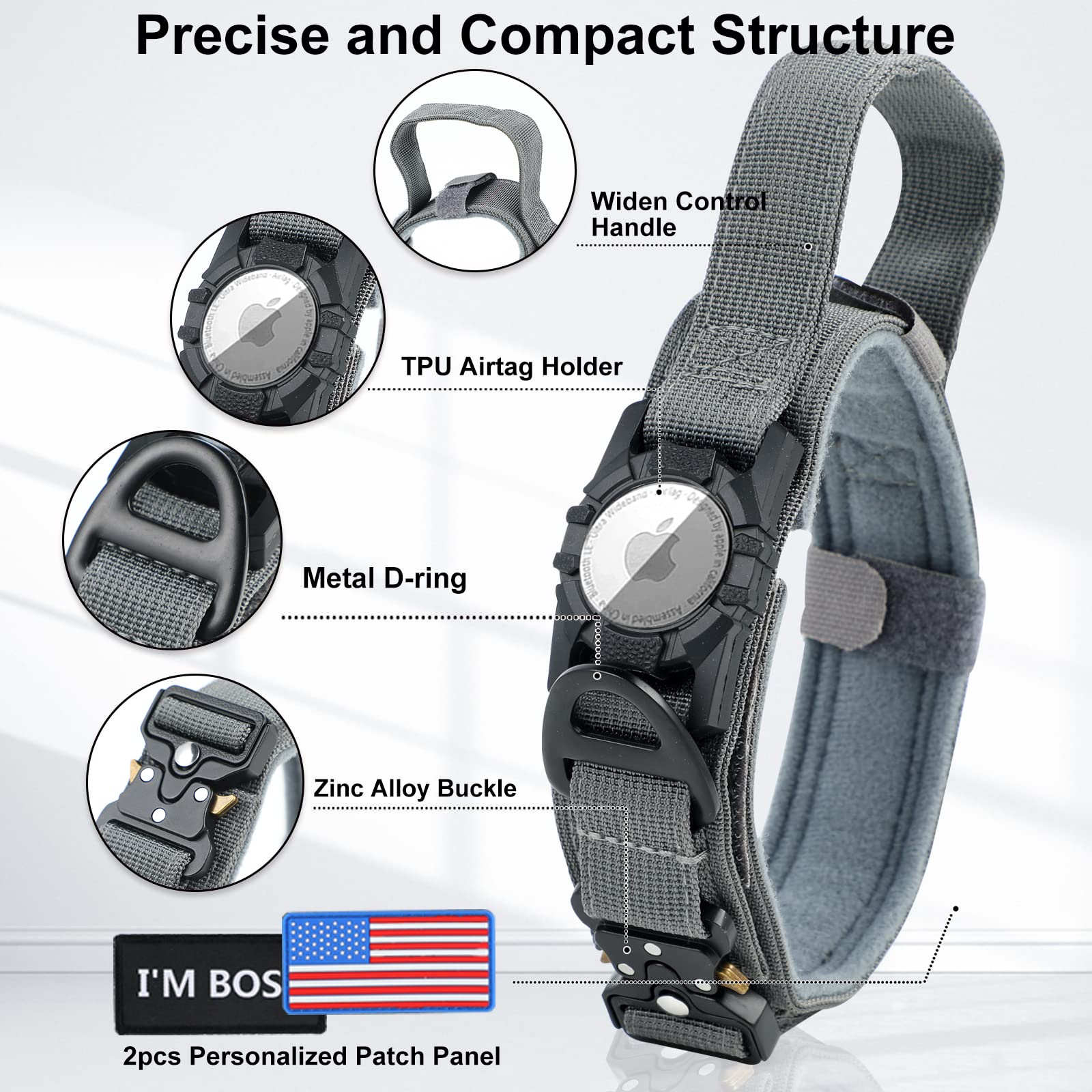 Tactical Dog Collar For Large Medium Dogs, Qpinkpet Airtag Dog Collar With Handle, Military Dog Collar Heavy Duty With Metal Buckle For Extra Large Male Female Dogs, Apple Air Tag Collar Thick Durable