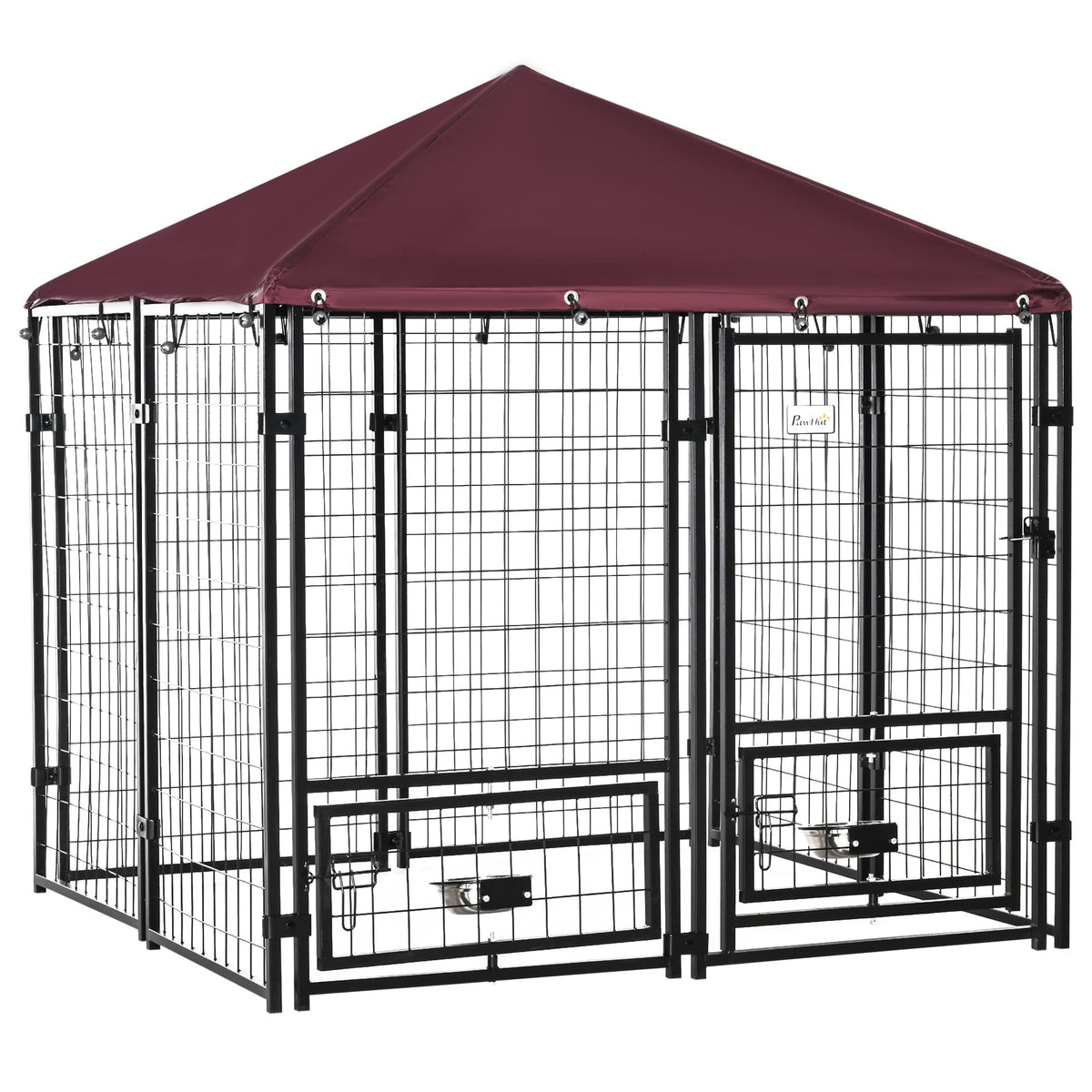 Pawhut Outdoor Dog Fence, Steel Pet Box With Lock, 2 Swivel Bowls And Oxford Fabric Cover, Kennel Black And Red