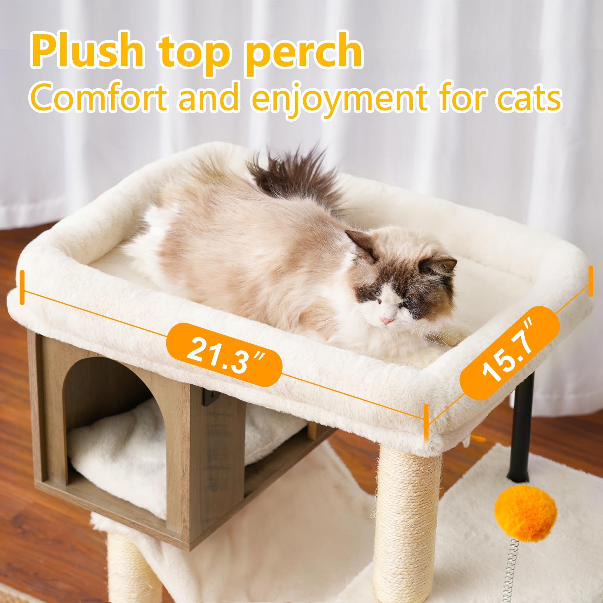 Heybly Cat Tree Tower, Wooden Cat Condo Cave For Indoor Kittens, Large Platform For Adult Cat, Big Padded Perch For Maine Coon,