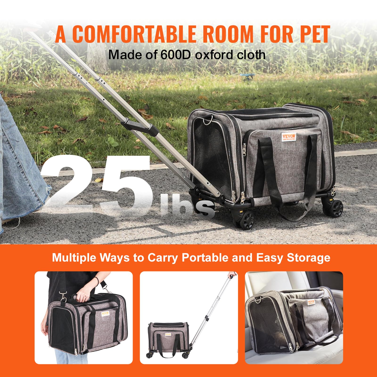 Vevor Airline Approved Pet Carrier With Wheels, Expandable Rolling Cat Dog Carrier For Medium Dogs And Cats Under 25Lbs, Pet Tra