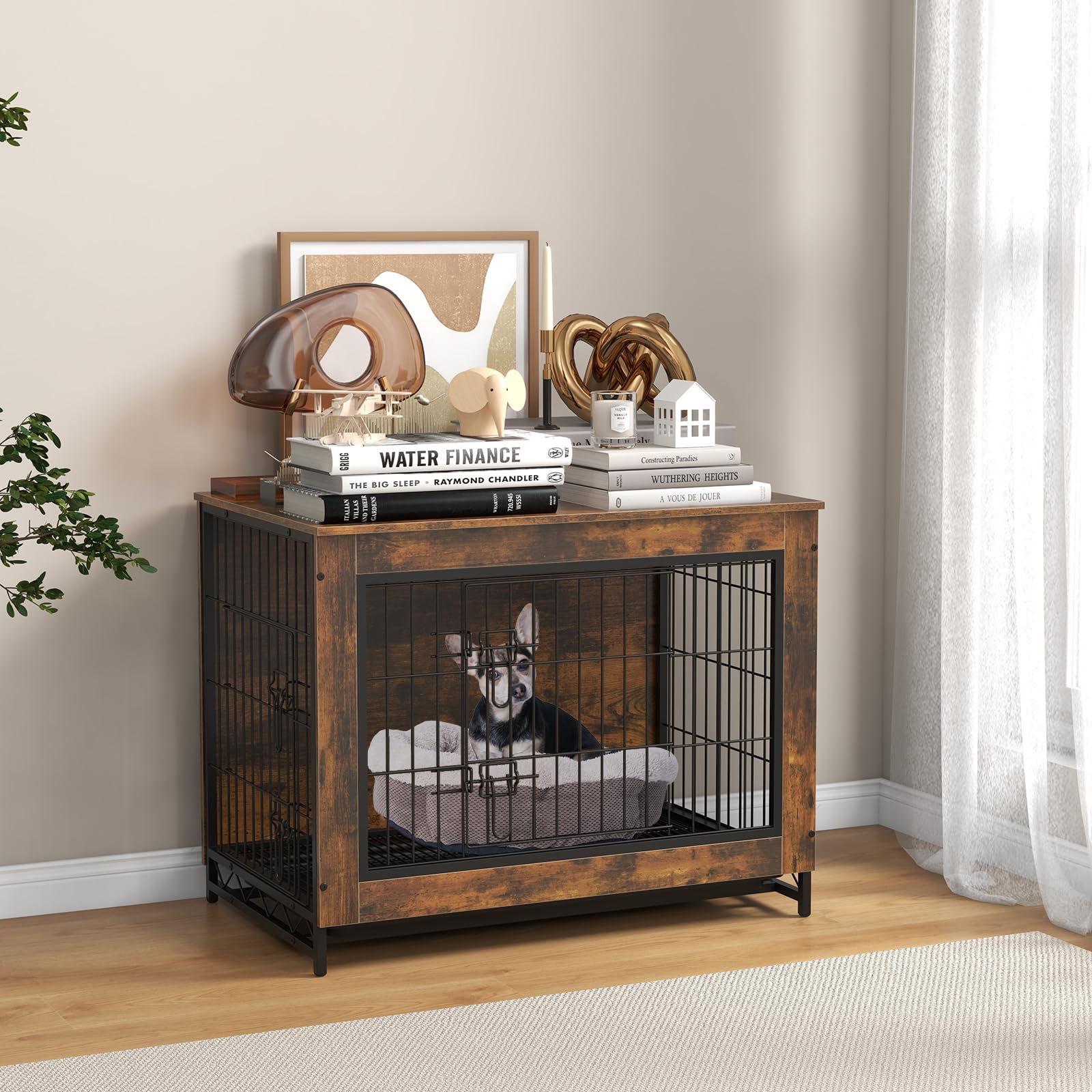 Petsite Industrial Dog Crate Furniture With Removable Tray, Wooden Dog Crate With Double Doors, Dog Furniture End Table, Dog Ken