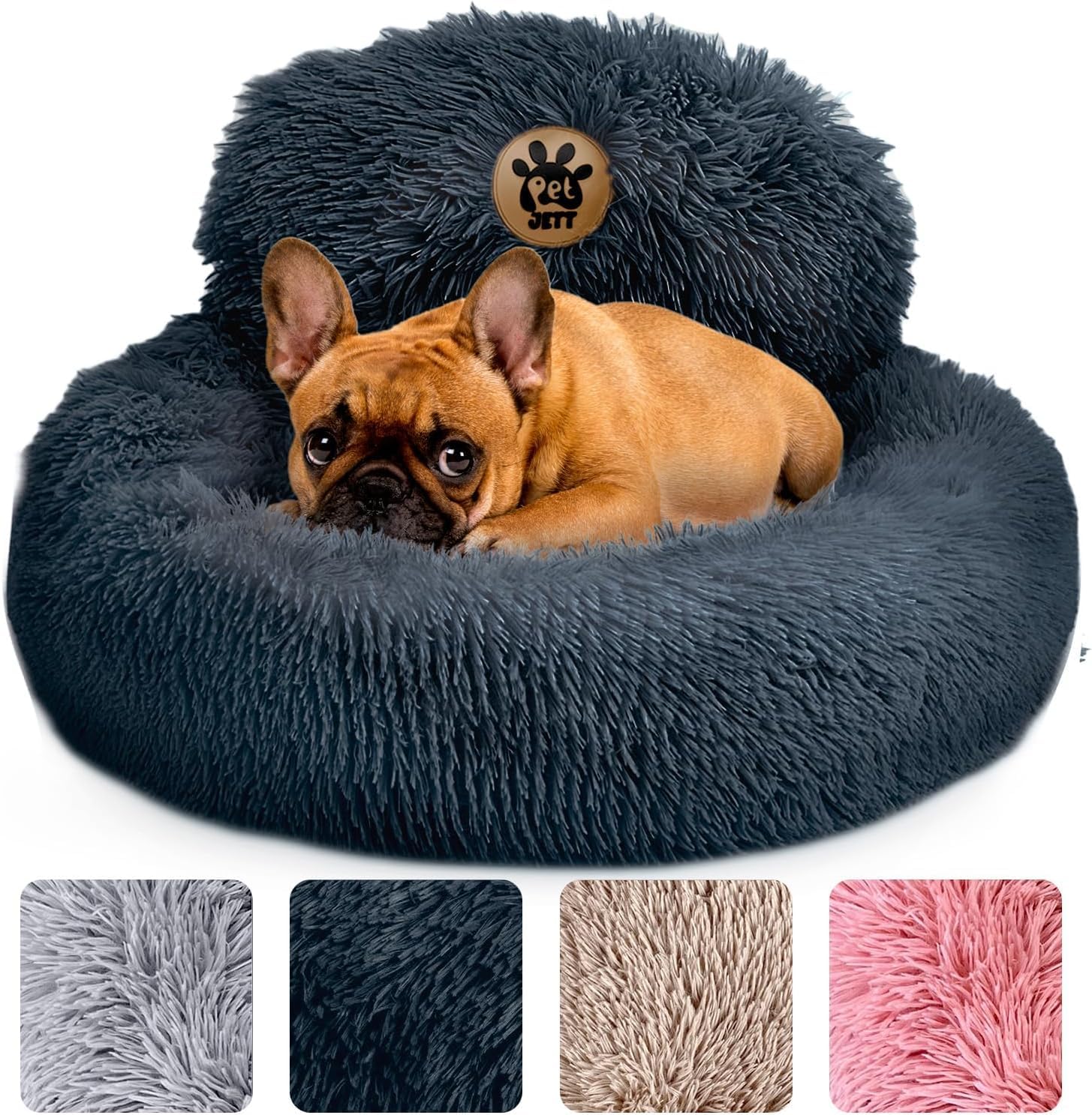 PetJett Calming Small Dog Bed - 23 Round Dog Beds, Anti-Slip & Washable Puppy Bed - Super Soft Fluffy Plush Faux Fur Pet Bed, 