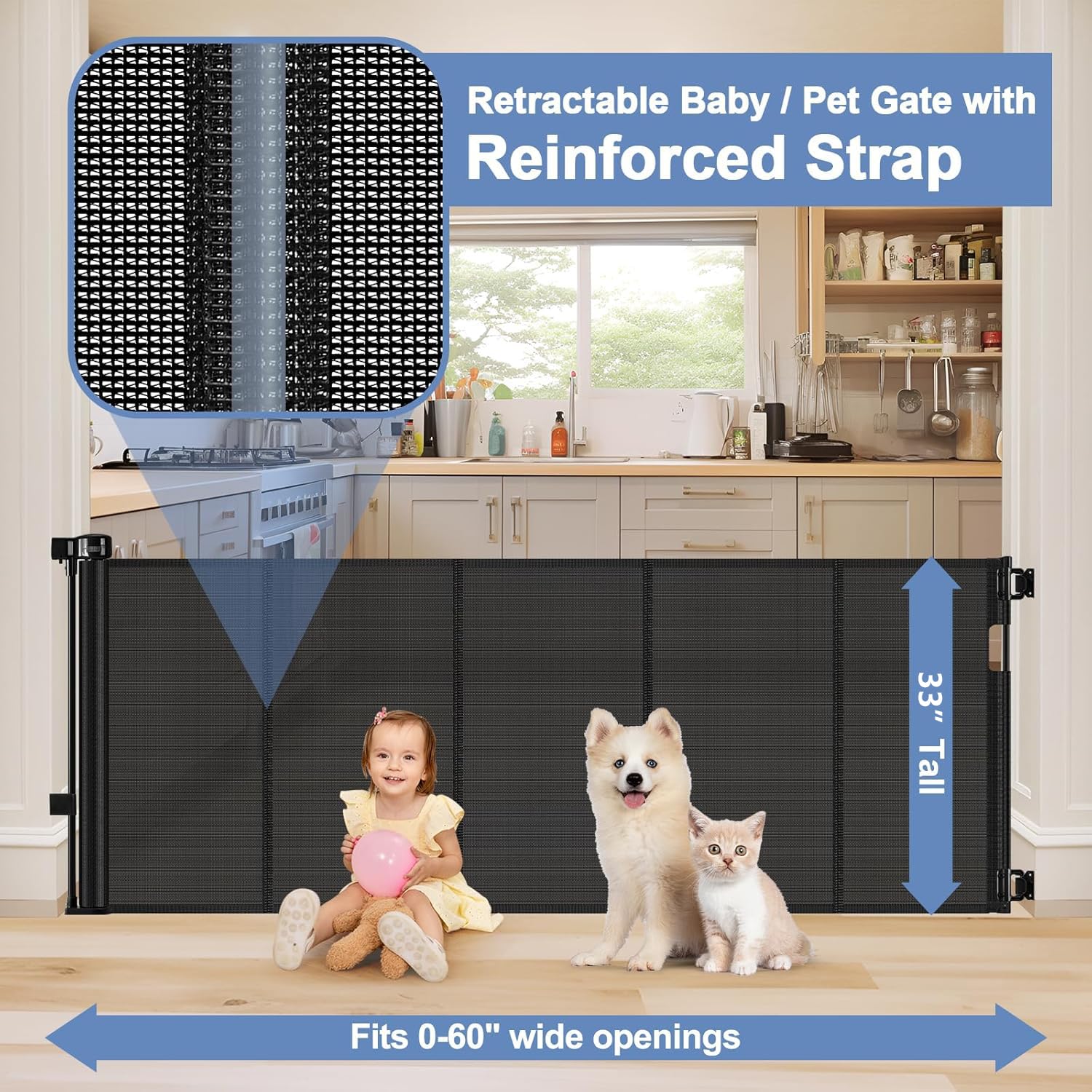Reinforced Retractable Baby Gates with Support Beam 60'' Wide Retractable Dog Gate Indoor Prevent Children and Dogs from Crawlin