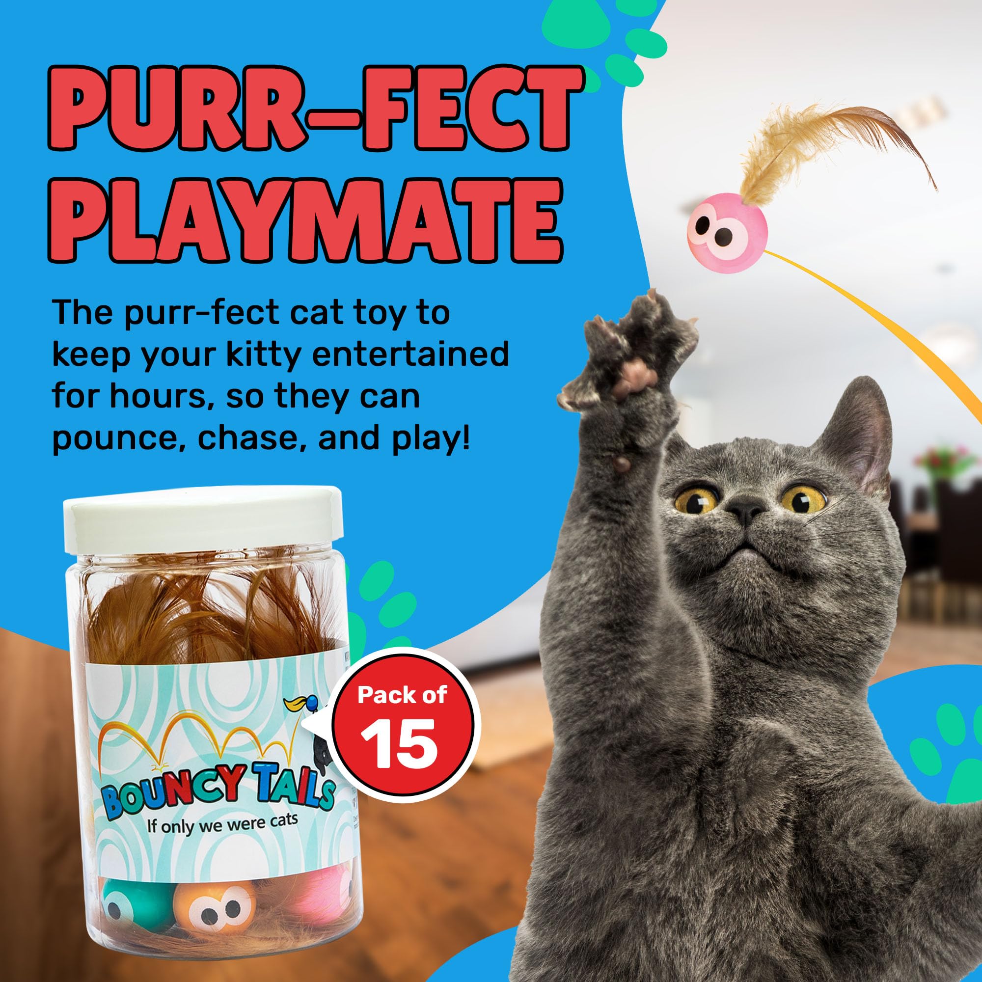 Bouncy Tails 15-Pack Cat Ball Toy With Natural Feathers, Interactive Cat Toys For Bored Indoor Adult Cats, Feather Cat Toy For I