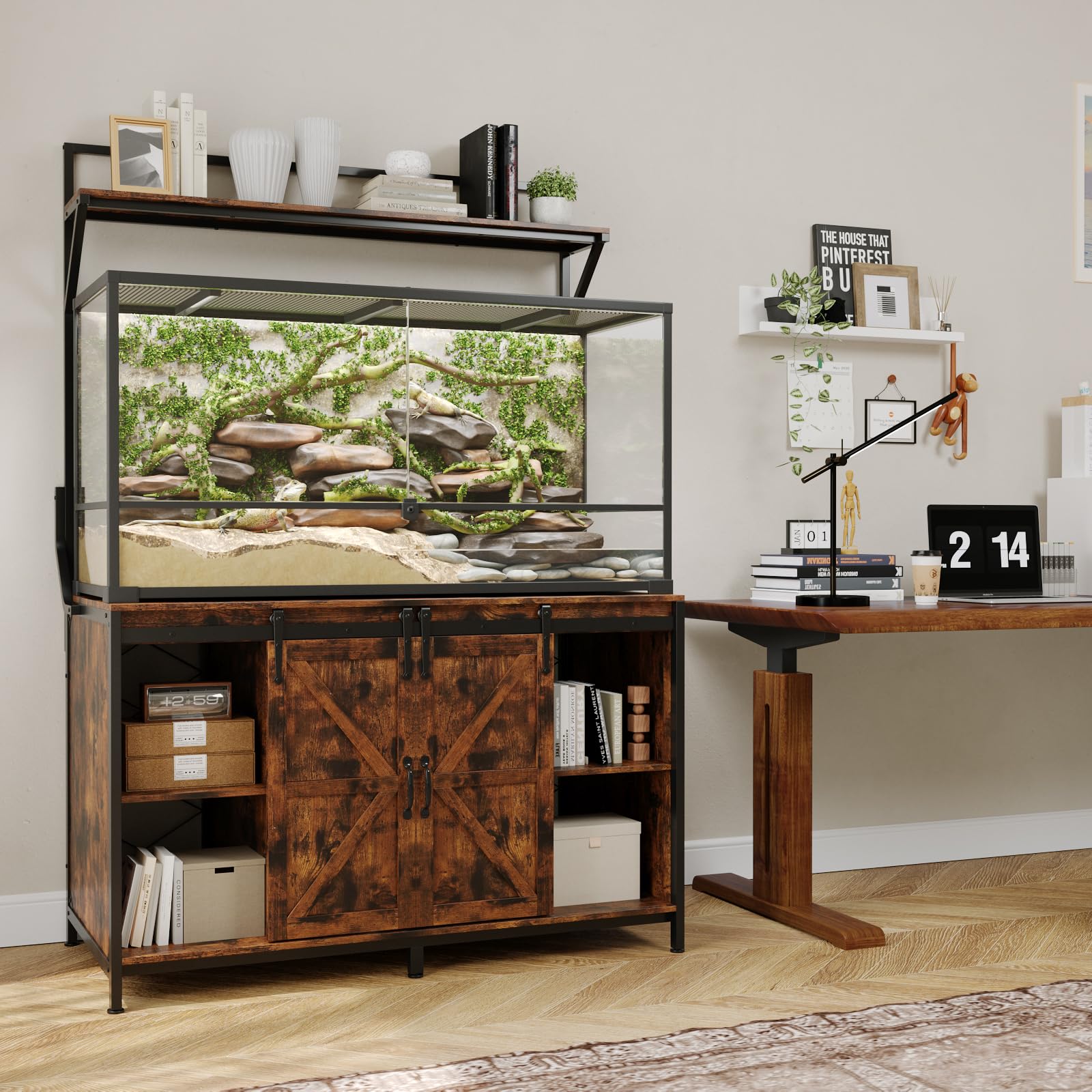 VOWNER Farmhouse Reptile Tank Stand with Power Outlet, 48  X 24  Tabletop Fits up 120 Gallon Bearded Dragon Tank, Heavy Duty Aqu