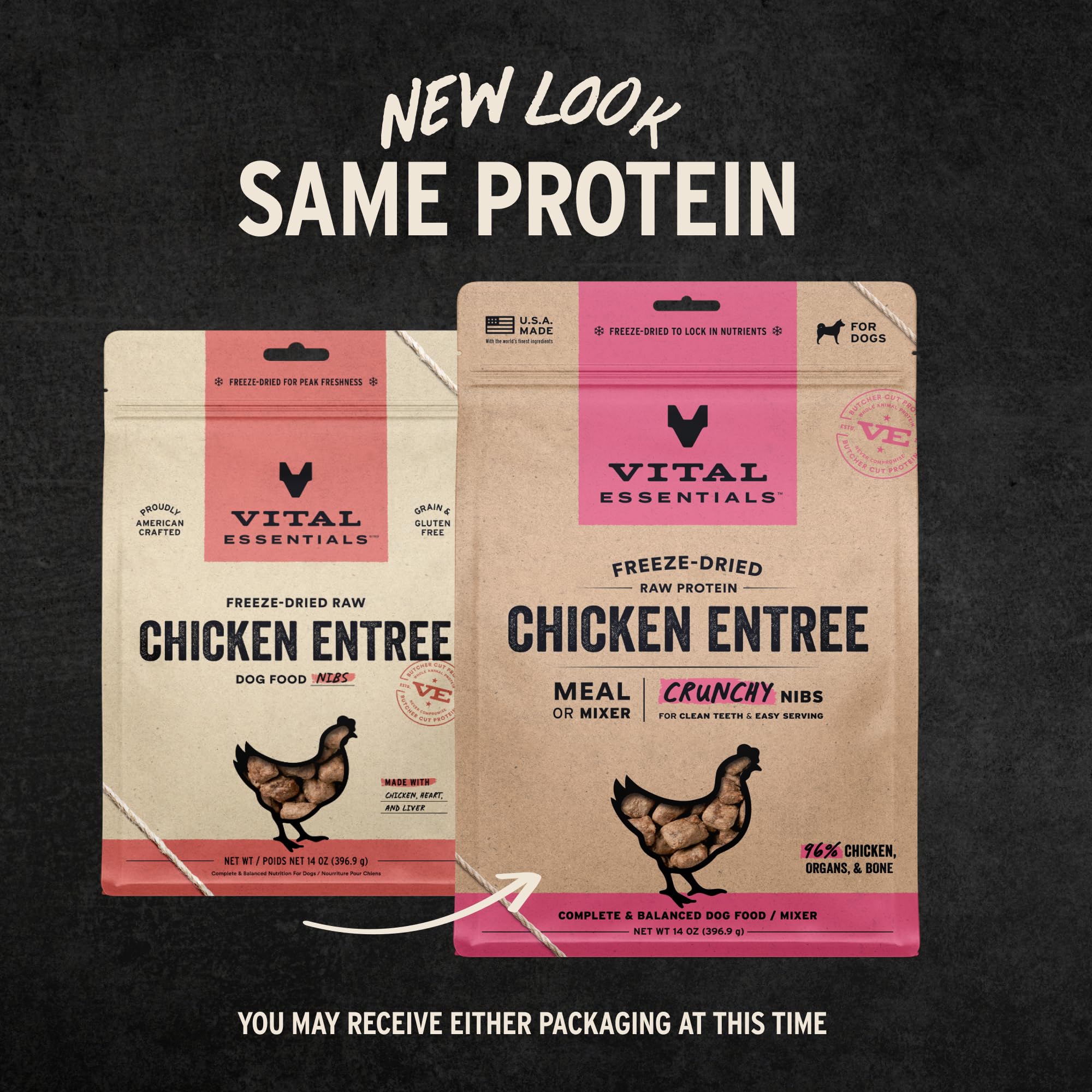 Vital Essentials Freeze-Dried Raw Dog Food, Chicken Crunchy Nibs | Complete Meal or Mixer | High Protein Dog Food | 14 oz