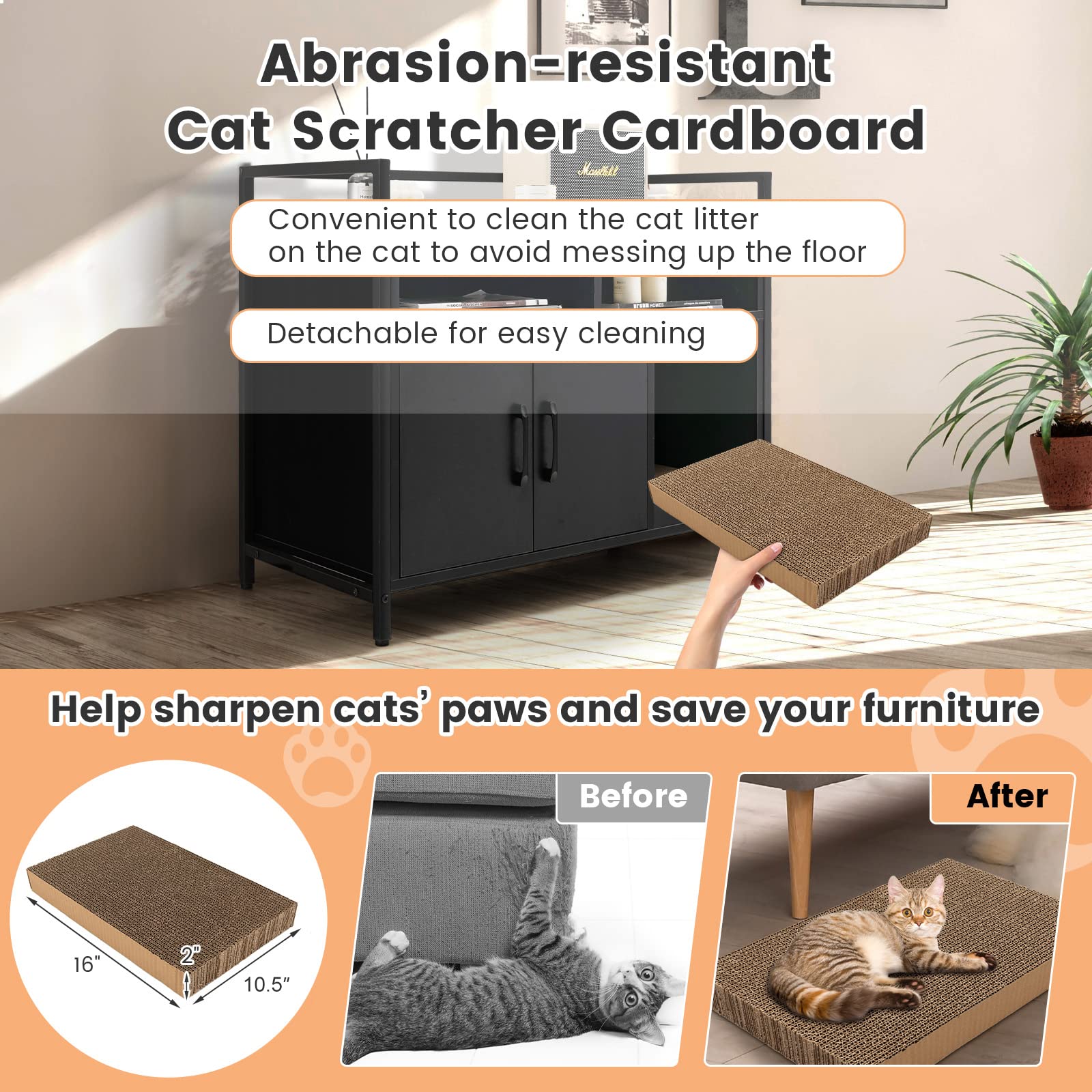 Petsite Cat Litter Box Enclosure, Litter Box Cabinet With Cat Scratcher, 2-Door Storage Cabinet, 2 Open Compartments And Air Vents, Wooden Hidden Litter Box Furniture, Black