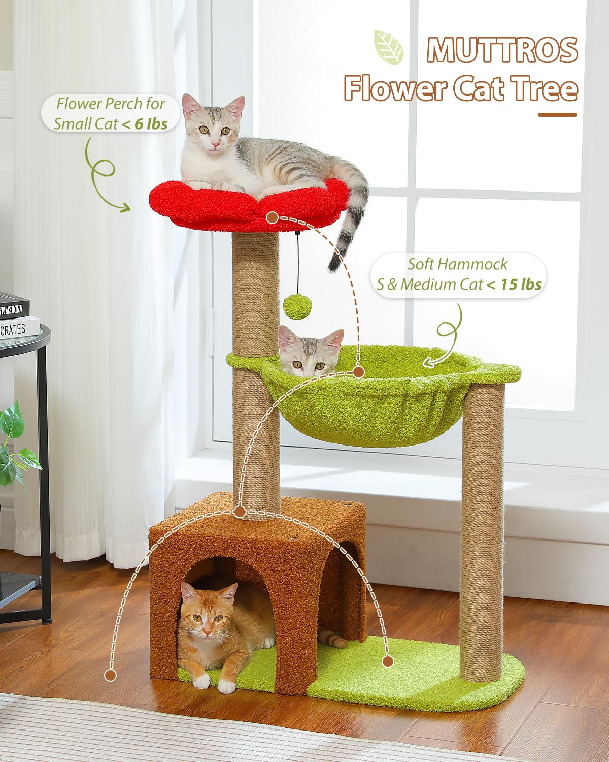Muttros Flower Cat Tree With Sisal Scratching Posts, 35'' Cute Cat Tower With Large Green Hammock For Small Indoor Cats, Cat Con