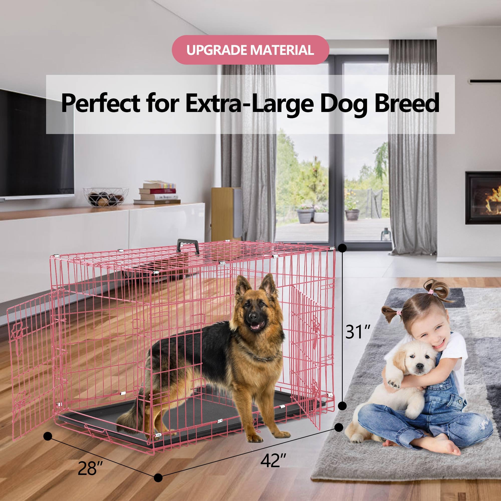 42 Inch Extra Large Dog Crate, Heavy Duty Dog Crates For Large Dogs, Metal Wire Folding Dog Cage With Removable Trays, Locks, Do