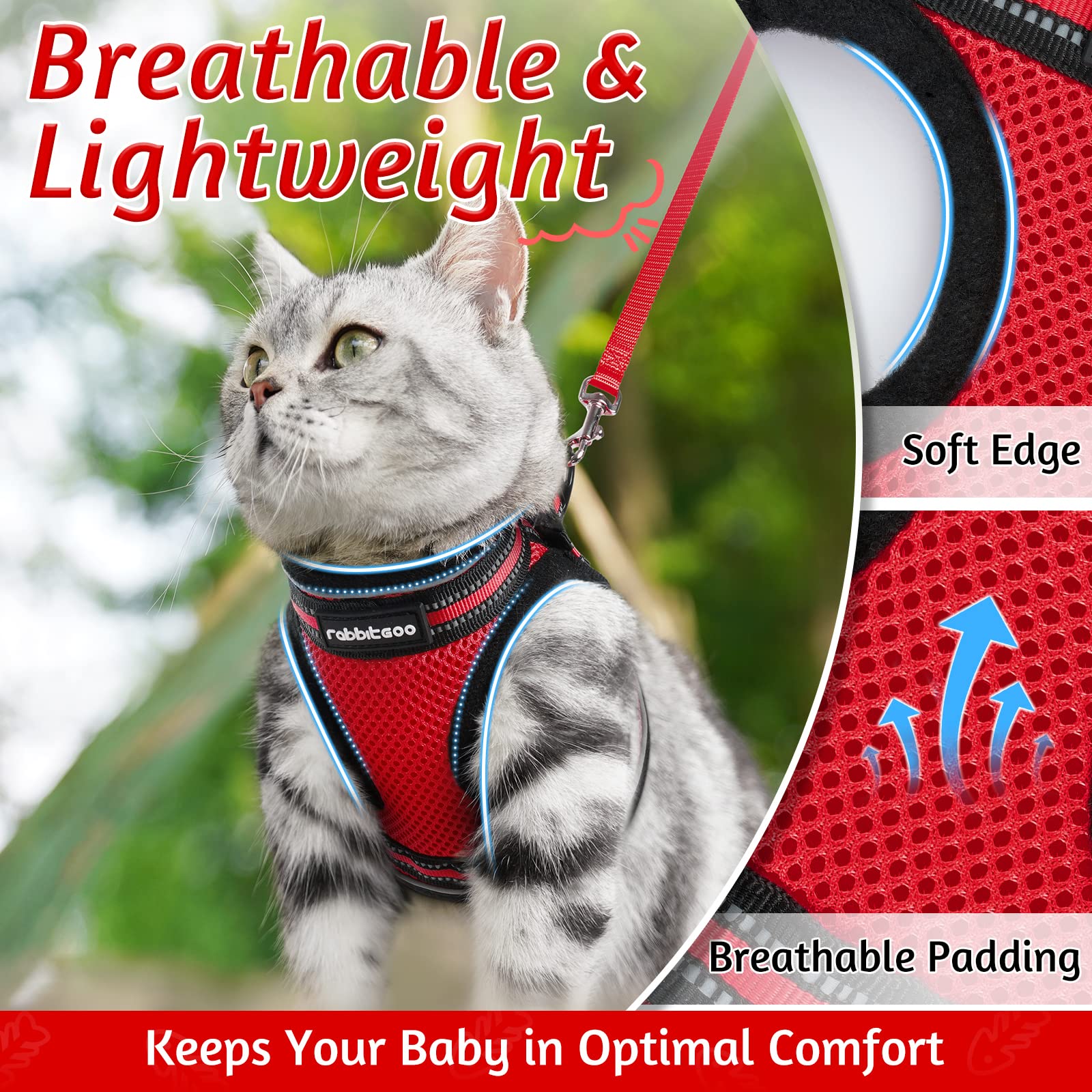 Rabbitgoo Cat Harness And Leash Set For Walking Escape Proof, Adjustable Soft Kittens Vest With Reflective Strip For Cats, Comfortable Outdoor Vest, Red, L