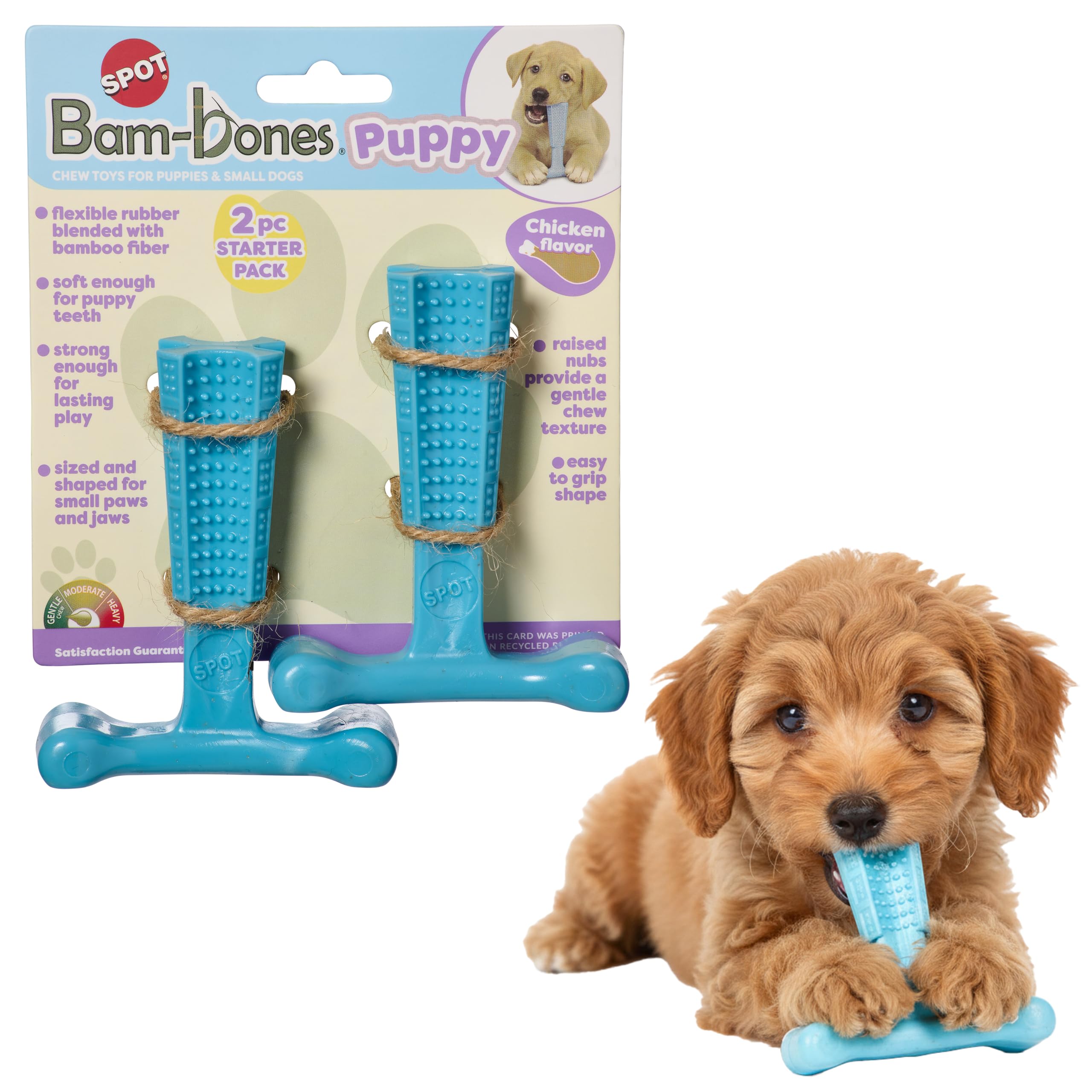 SPOT Bam-Bones Puppy T-Bone Dog Chew Toys, Chicken Flavor, 4 Inch, 2 Pack, Bamboo Fiber & Flexible Rubber, Easy Grip Design for 