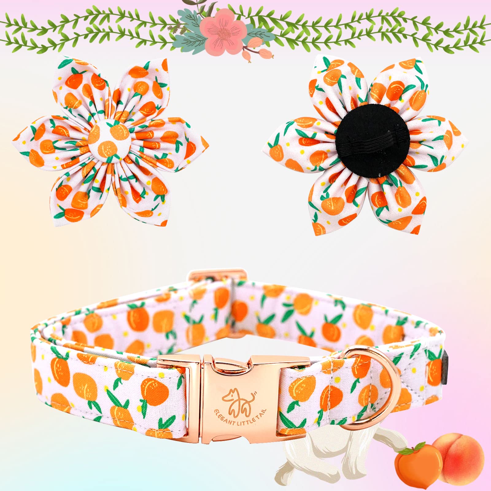 Elegant little tail Dog Collar, Adjustable Cotton Collar with Removable Flower, for Medium Dogs, 13.5-22 inches, Peach