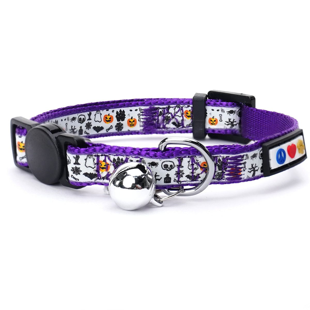 Pawtitas Halloween Cat Collars For Cats Adjustable Collar Glow In The Dark Feature And Safety Breakaway Buckle And Removable Bell To Match Your Halloween Cat'S Costume - Halloween Purple Pattern