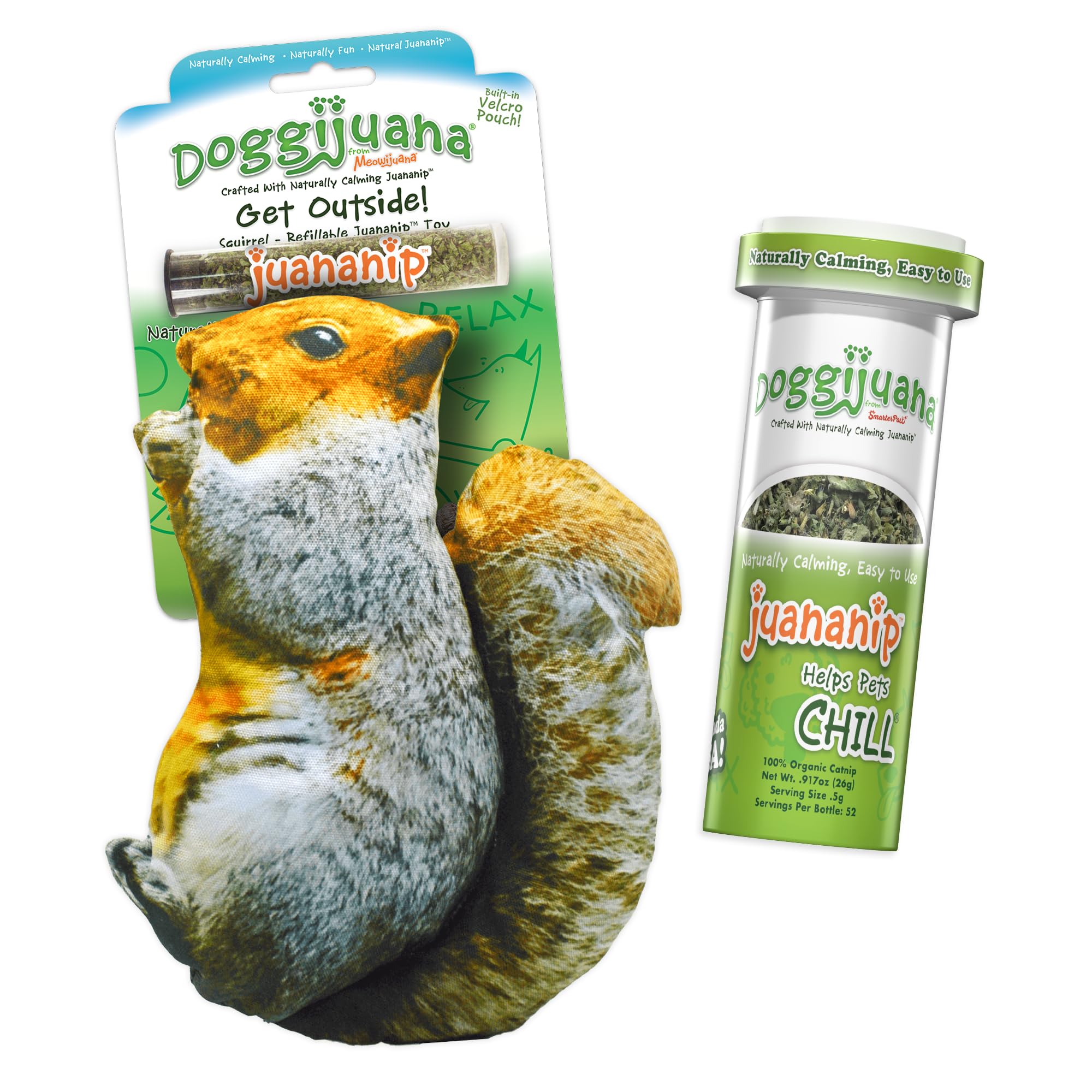 Doggijuana Refillable Juananip Toy Bundle | Squirrel Bundle | Funny Dog Toy Plush with Catnip and Refill | Calming Aid for Dogs 