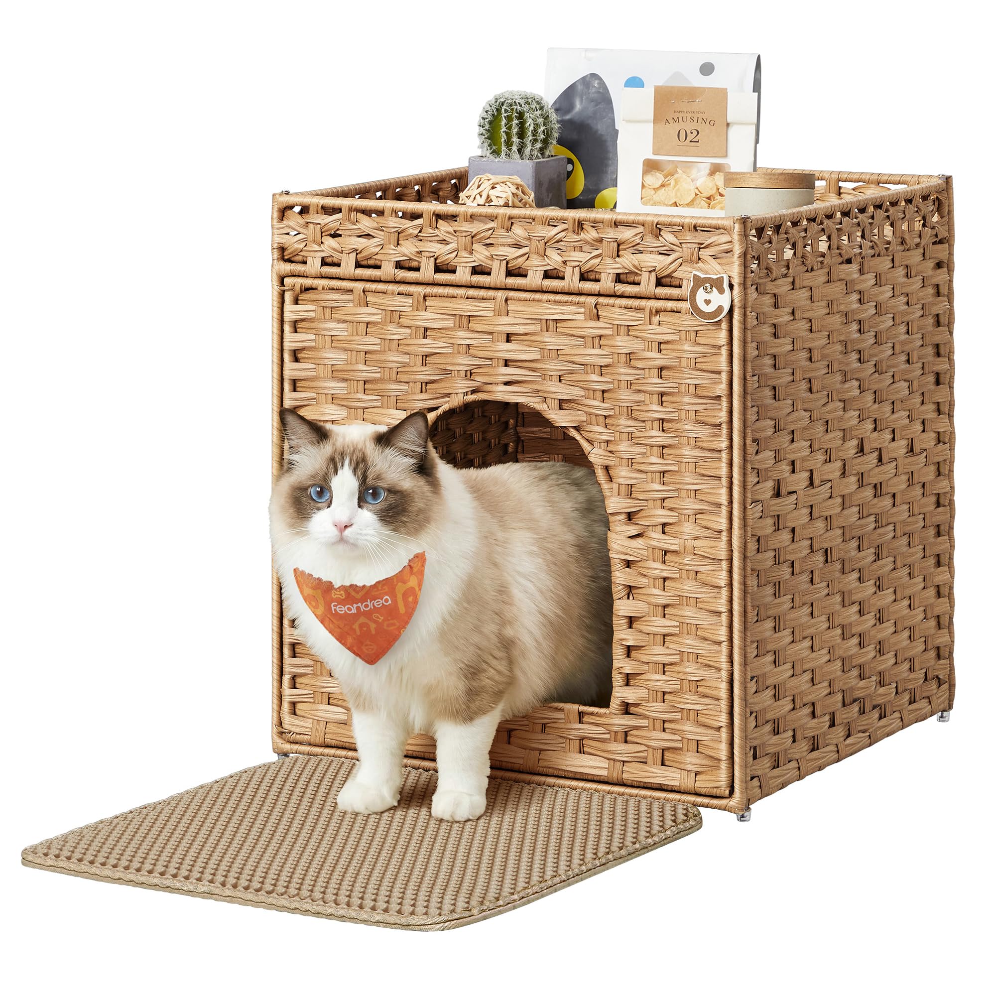 Feandrea Cat Litter Box Enclosure, Handwoven Rattan Hidden Litter Box Furniture with Extra Mat, Removable Washable Tray, Boho Ca