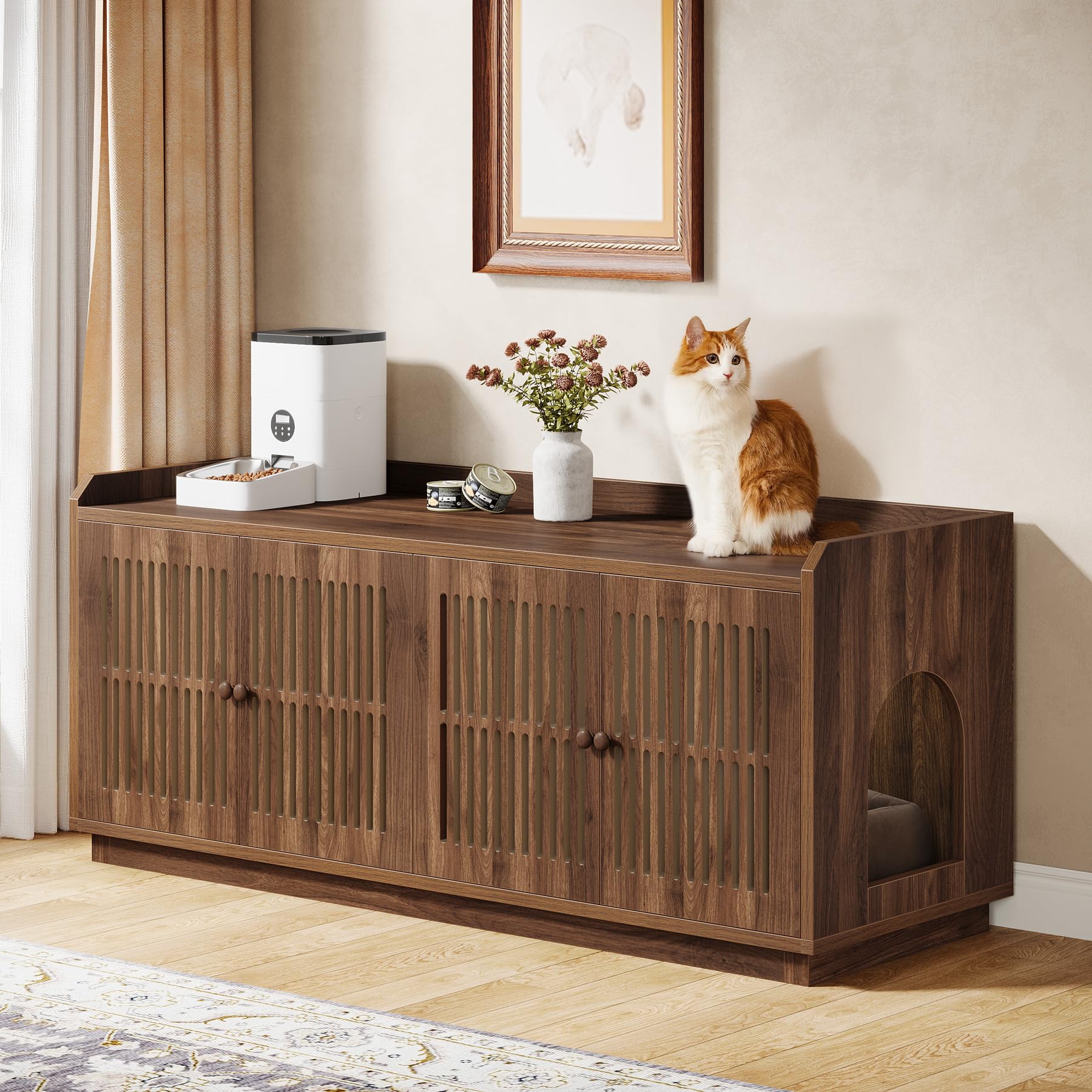 Tribesigns 2 Cats Litter Box Enclosure, 55.1-Inch Extra Large Hidden Litter Box Furniture with 2 Cabinets and Side Entry, Wooden