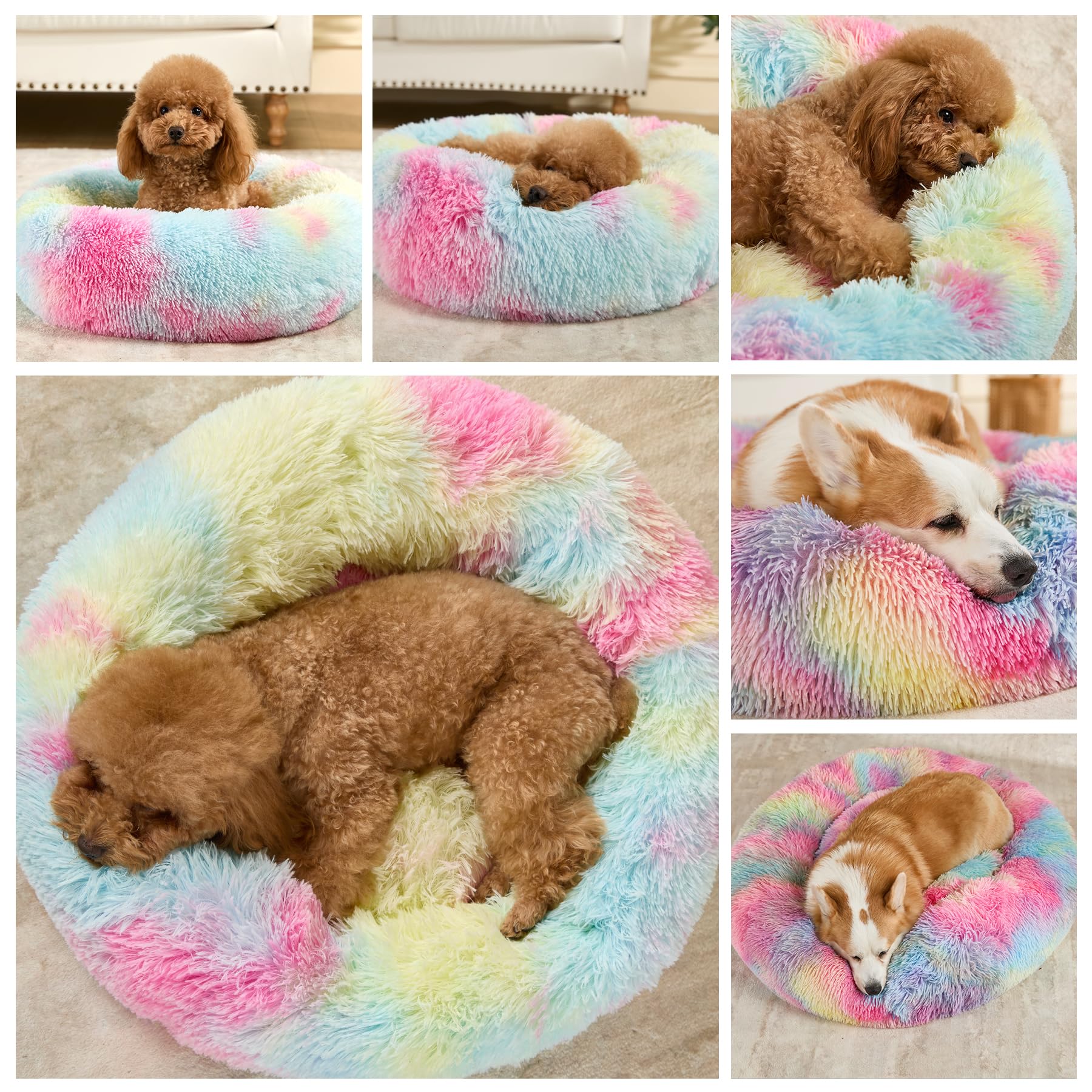 Kimpets Dog Bed Calming Dog Beds For Small Medium Large Dogs - Round Donut Washable Dog Bed, Anti-Slip Faux Fur Fluffy Donut Cuddler Anxiety Cat Bed(20'/27'/35') (S 20''X20'', Color)