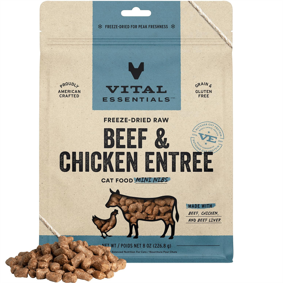 Vital Essentials Freeze Dried Raw Cat Food, Beef & Chicken Mini Nibs Entree, 8 Oz