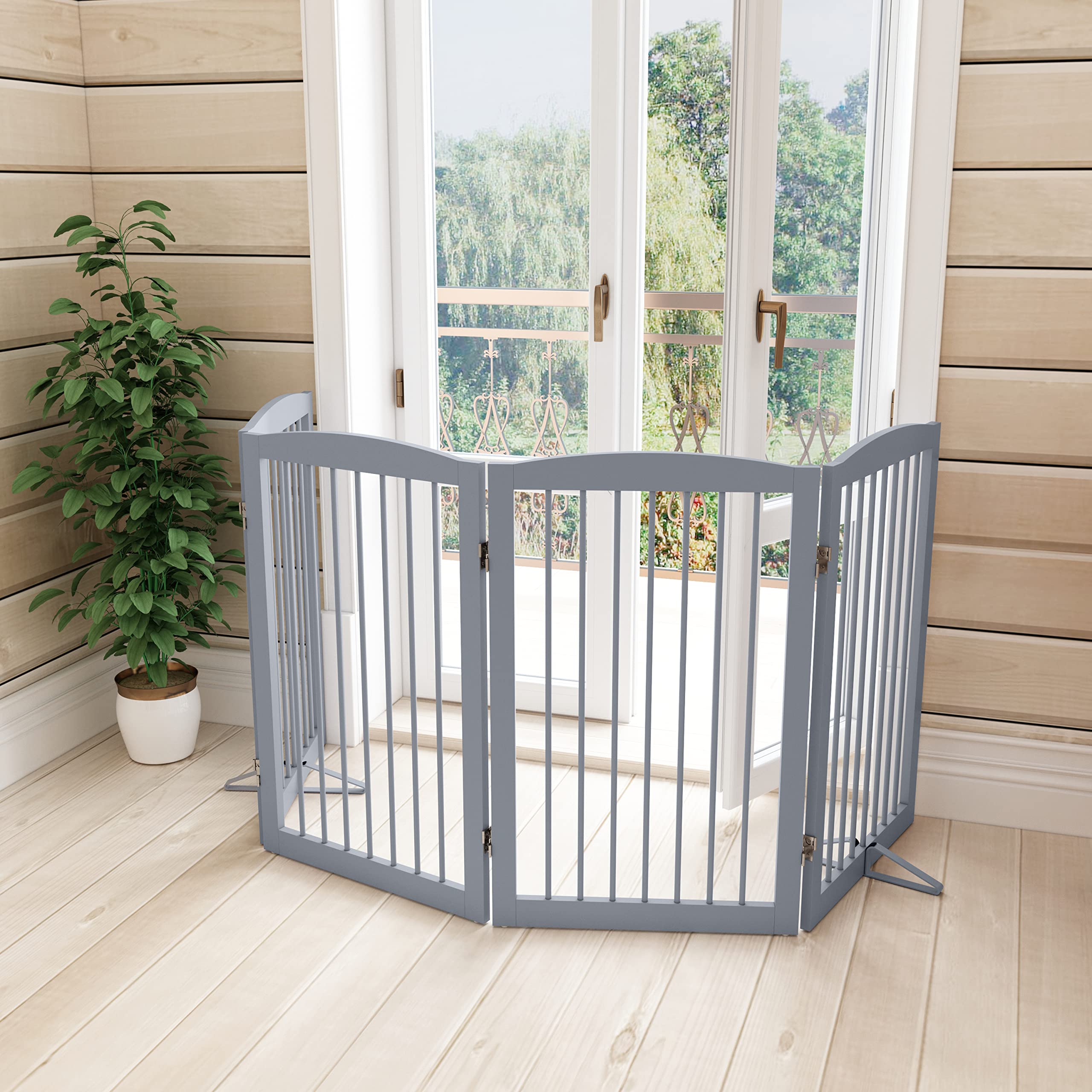 Pupetpo Freestanding Pet Gate For Dogs, Indoor Wooden Dog Gate For House, Foldable Dog Gate For Doorway, Stair,Hall, Step Over Pet Puppy Safety Fence Tall, 80 Inch Wide, 4 Panels 32',Grey