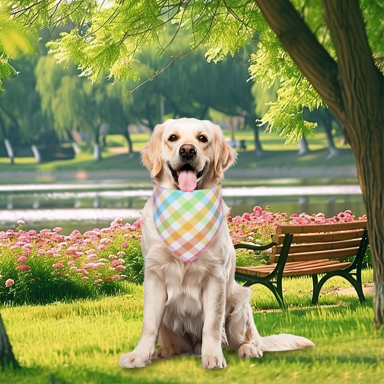 Ququle Spring Dog Bandana Large 1Pcs, Colorful Plaid Dog Bandana, Easter Scarf For Boy And Girl, Summer Durable Triangle Reversi