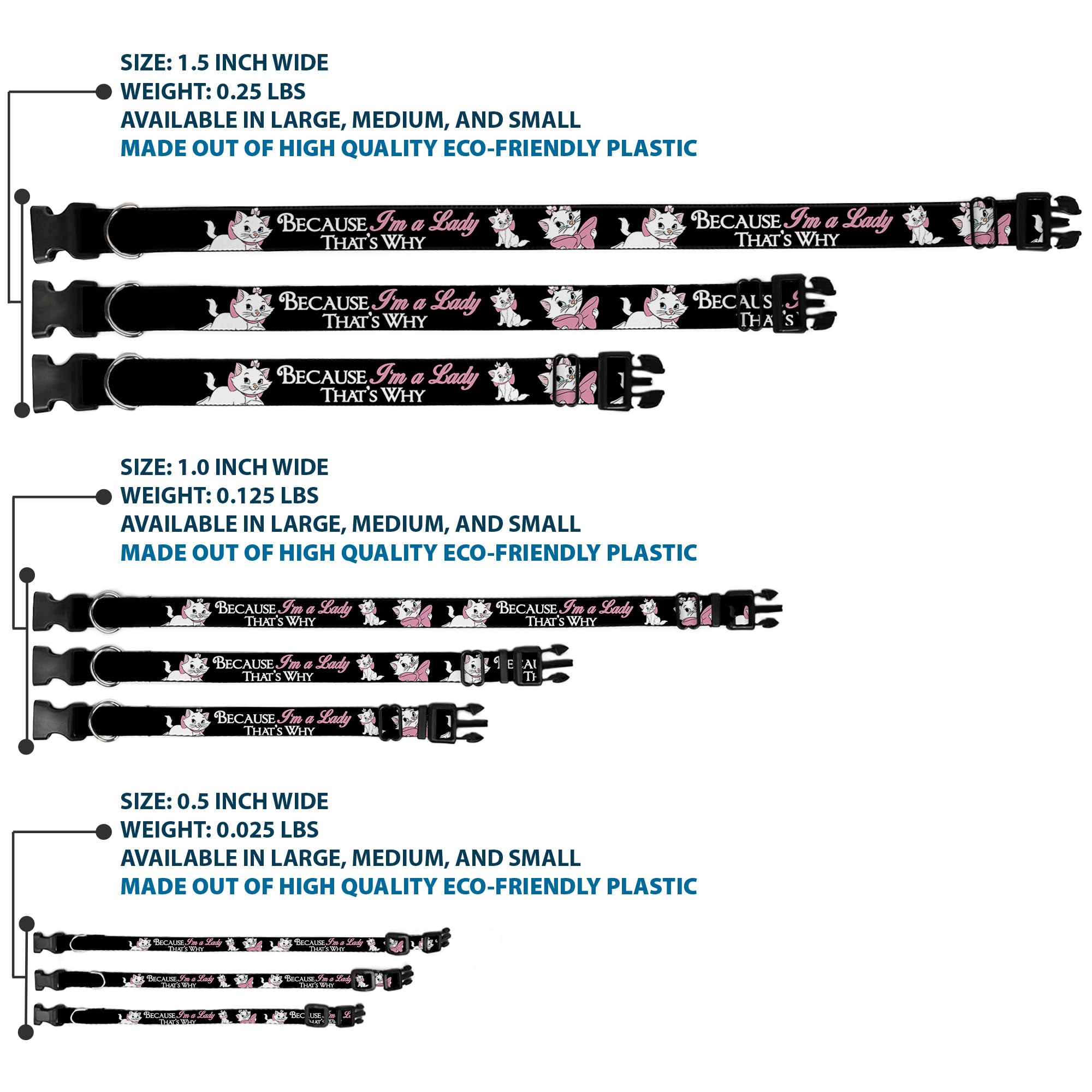 Buckle-Down Dog Collar Plastic Clip Aristocats Marie 3 Poses Because Im A Lady Thats Why Black, Multi Color, 1'' Wide - Fits 1