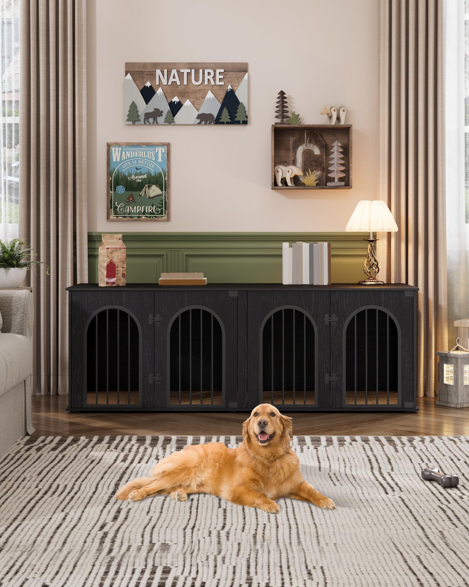 Hzuaneri 71 Dog Crate Furniture for 2 Dogs, Heavy Duty Indoor Dog Kennel TV Stand, XL Wooden Dog Cage with Divider for Medium La